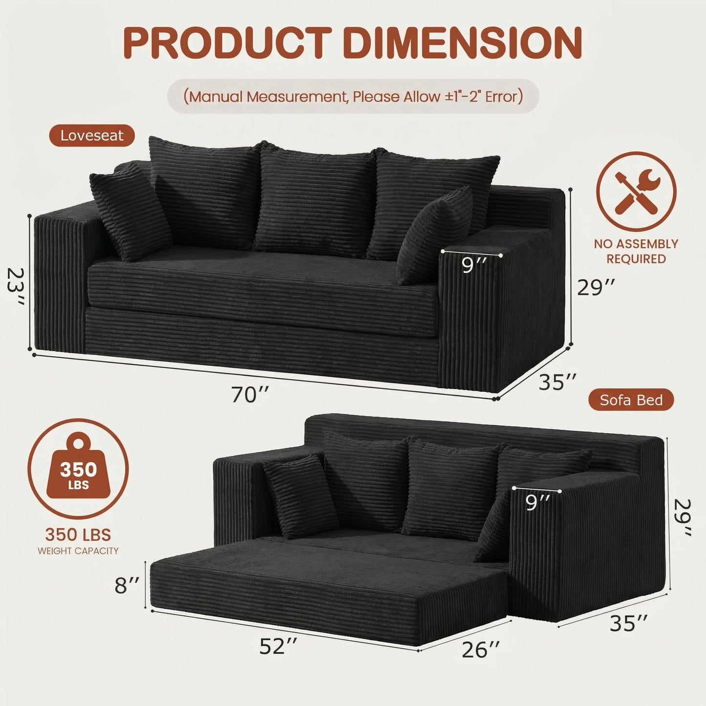 AOLVDOW Convertible Sofa Bed, 5 in 1 Small Boneless Couch Pull Out Loveseat Sleeper Sofa,Corduroy Futon Couch Folding Mattress with 4 Pillows for Living Room