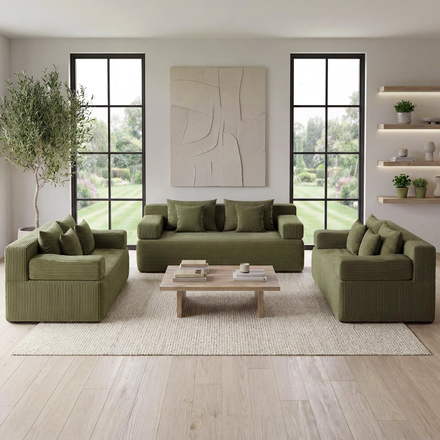 MONVANE 3-Piece Boneless Loveseat Couch Set for Living Room, Oversized Modular Sectional Sofa Set with Removable Armrests, Comfy Corduroy Cloud Couch with 12 Pillows, No Assembly Required, Green