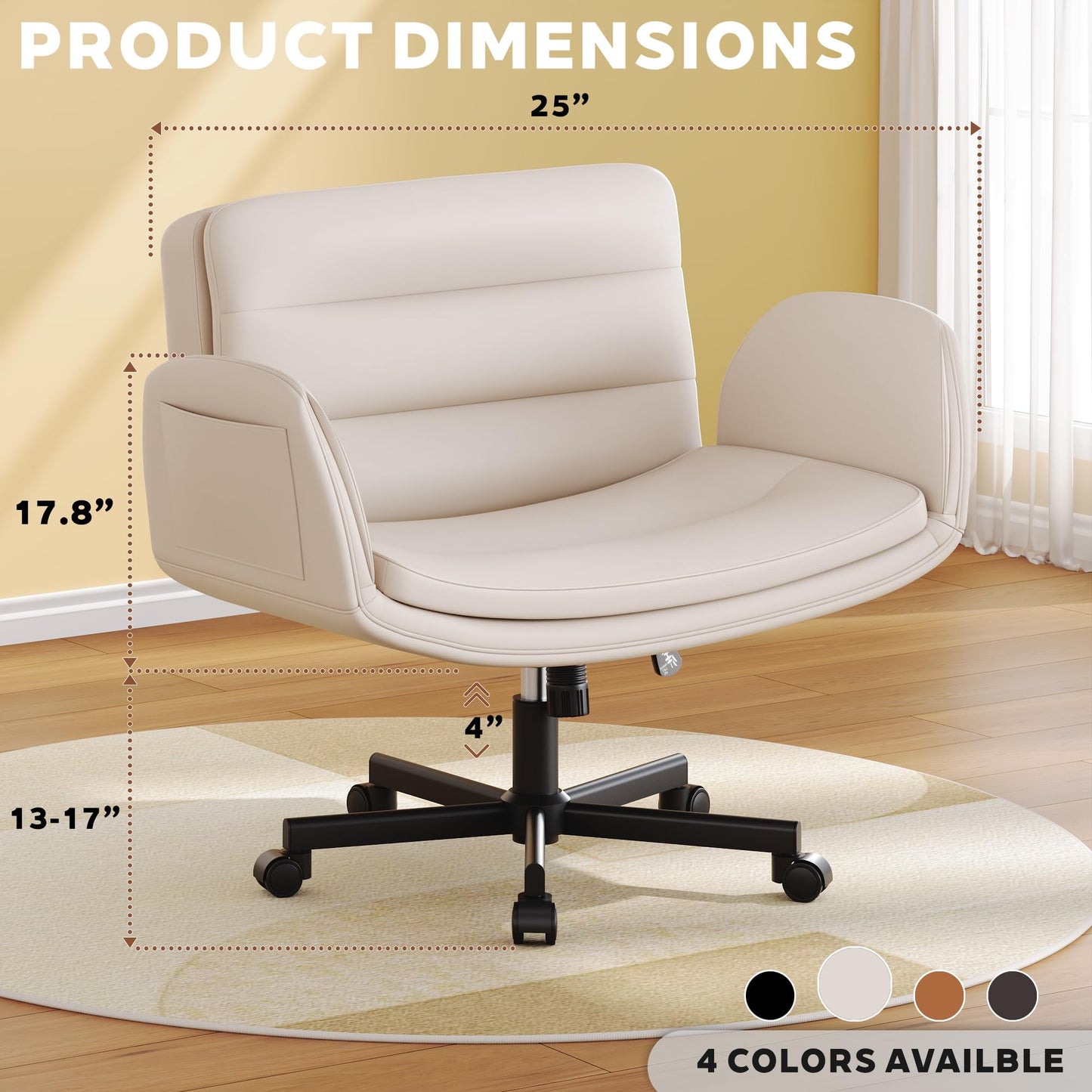 Criss Cross Chair with Flip-Up Arms & Swivel Wheels, Vanity Chair with Adjustable Height & Side Pockets, Comfortable Wide Seat Reclining Computer Office Desk Chairs for Home Office, Make Up, Bed Room