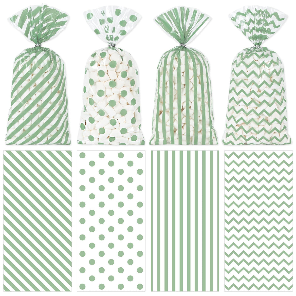 Whaline 160 Pcs Sage Green Cellophane Treat Bags Stripe Wave Dot Plastic Gift Bags Candy Goodie Bag with Twist Ties for Wedding Baby Shower Birthday Party Cookie Snack Packing Supplies, 5.1 x 10.6 Inch