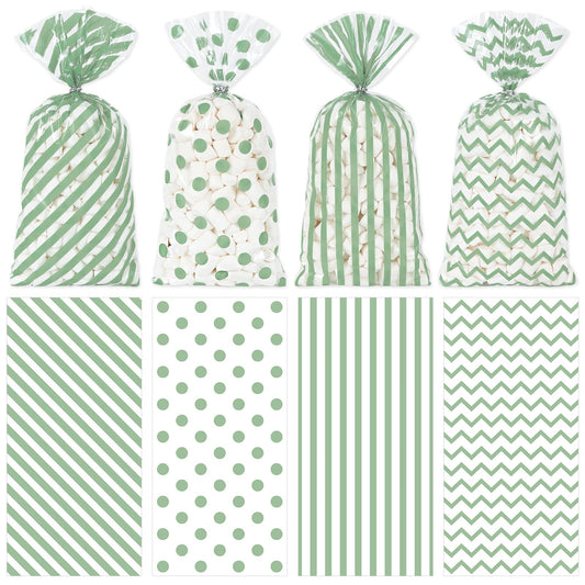 Whaline 160 Pcs Sage Green Cellophane Treat Bags Stripe Wave Dot Plastic Gift Bags Candy Goodie Bag with Twist Ties for Wedding Baby Shower Birthday Party Cookie Snack Packing Supplies, 5.1 x 10.6 Inch