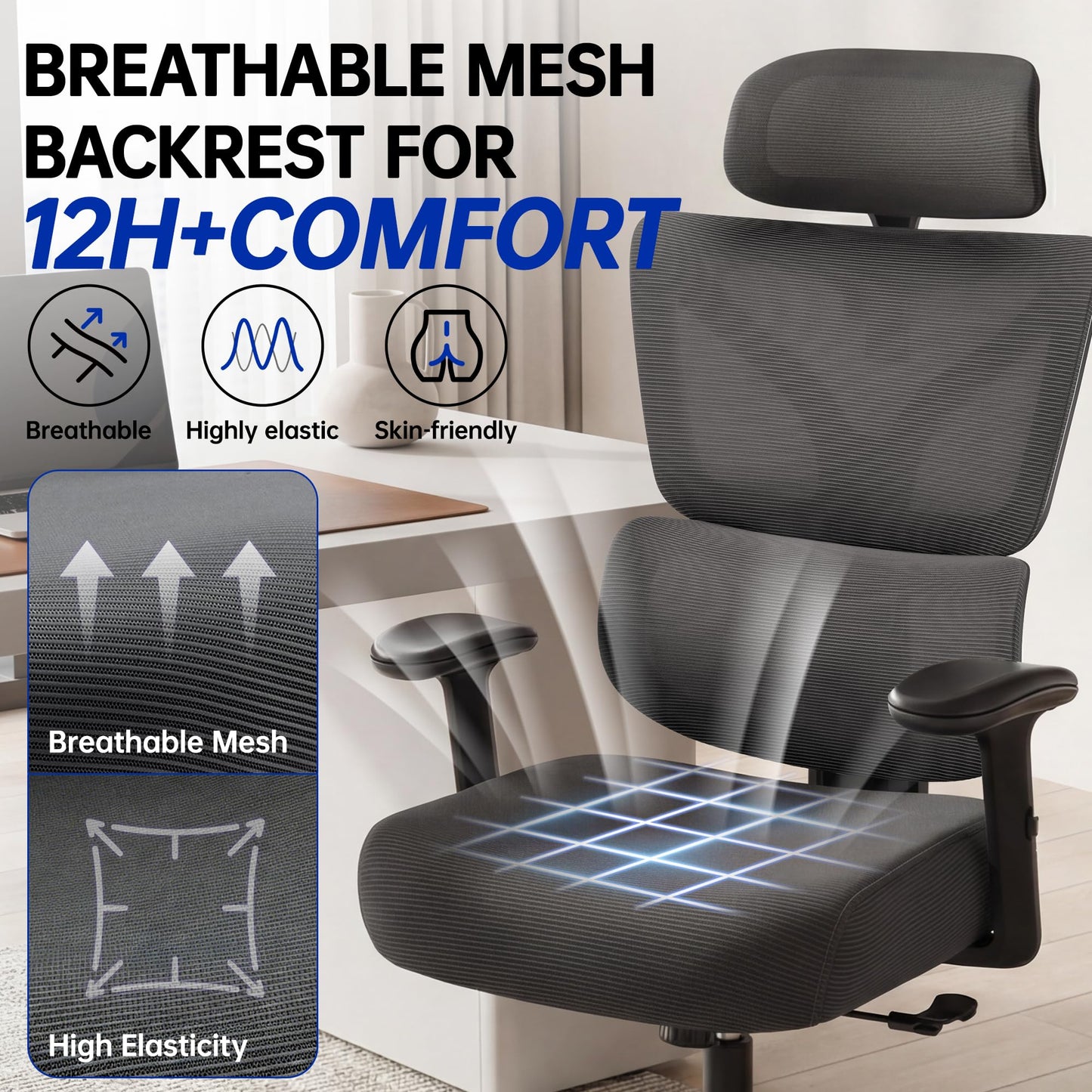 Hayelf Ergonomic Office Chair, High Back Mesh Computer Chair with Comfortable Adaptive Lumbar Support, Built-in Coat Hanger, SGS Class 4 Gas Lift, Heavy Duty 300lbs for Long Hours Home Office