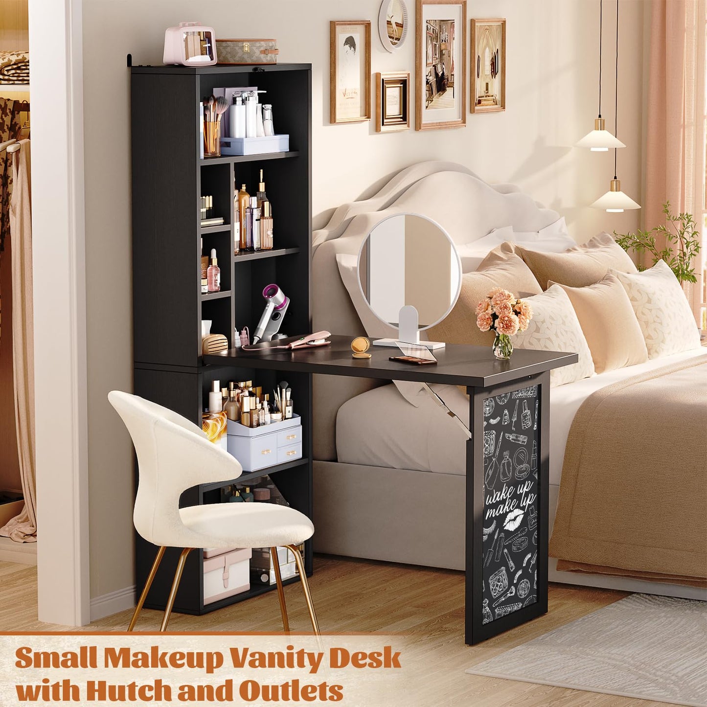 Armocity Small Folding Desk with Outlets, Convertible Writing Desk for Small Spaces/Home Office/Craft Room, Multi-Function Desk Workstation with Blackboard, Fold-Out Cabinet Table, Black