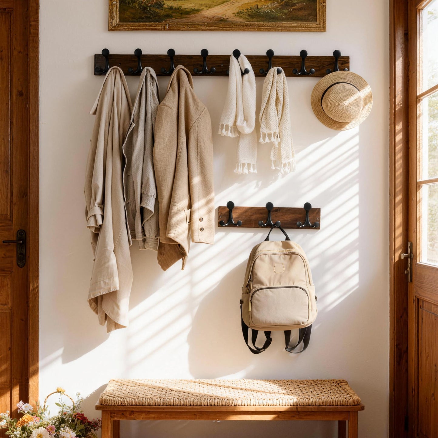 SKOLOO 17-Inch Wood Burnt Coat Rack Wall Mount with 3 Triple Hooks - Ideal for Family Entrances, Classrooms, and Pet Supplies Storage - Perfect Coat Hooks for Wall
