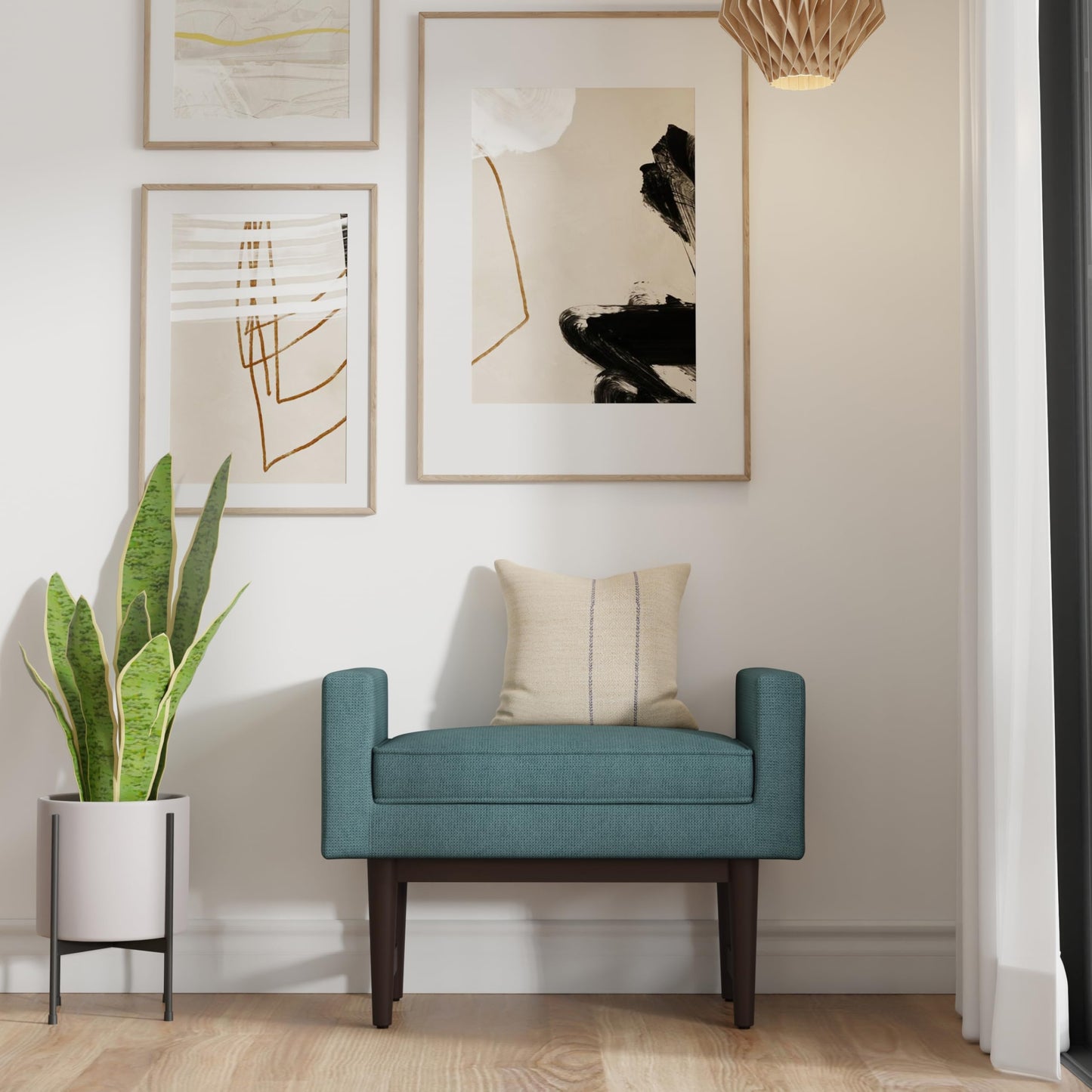 SIMPLIHOME Scott Small Ottoman Bench - 29 inch Wide Upholstered Linen Fabric Rectangle Ottoman in Smoky Teal, Contemporary Bench for Bedroom or Living Room with Raised Sides and Cushioned Seat