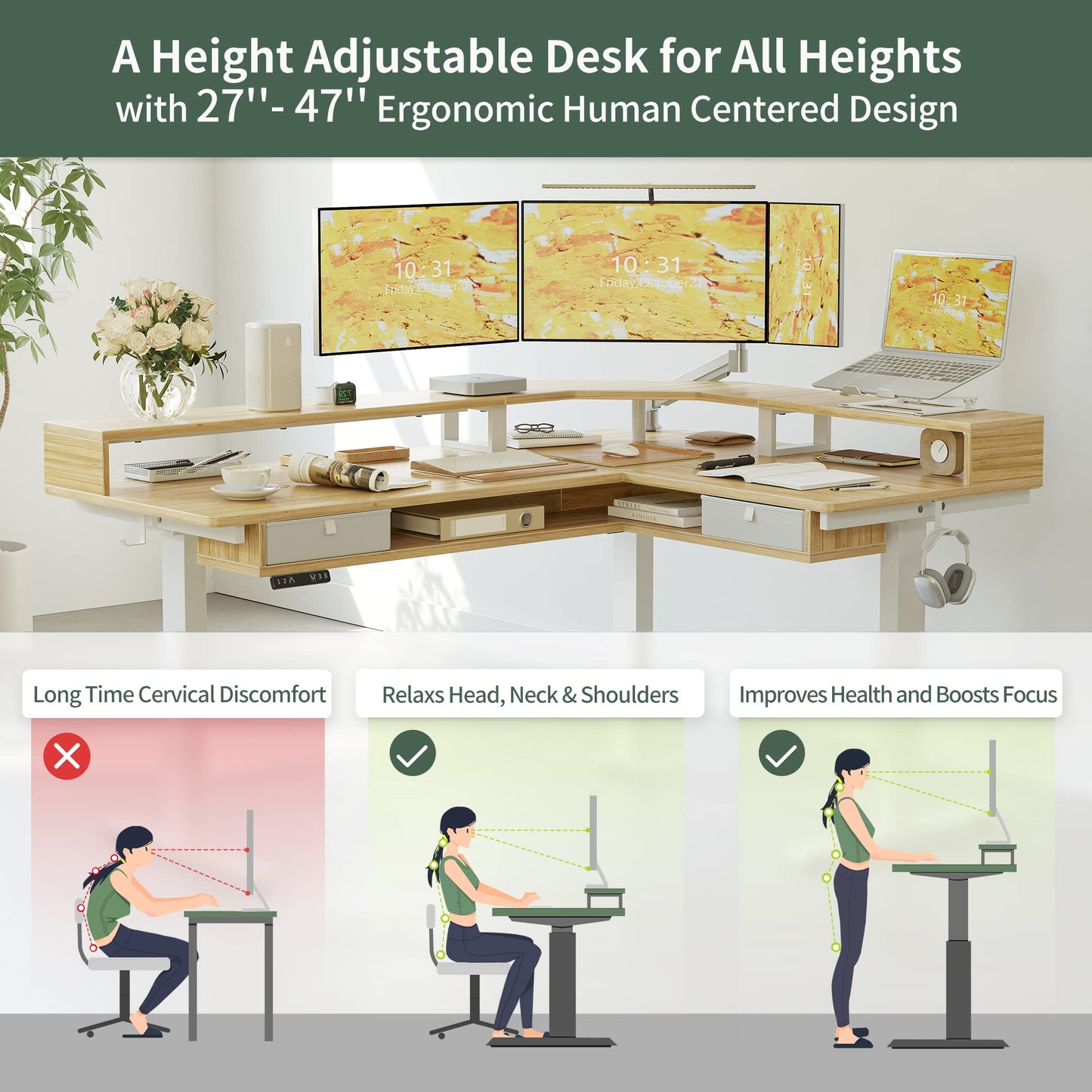 FEZIBO 63"x49" L Shaped Standing Desk with LED Strip & 2 Drawers, Upper and Lower Storage Shelves Available, Electric Height Adjustable, for Gaming, Office, Natural