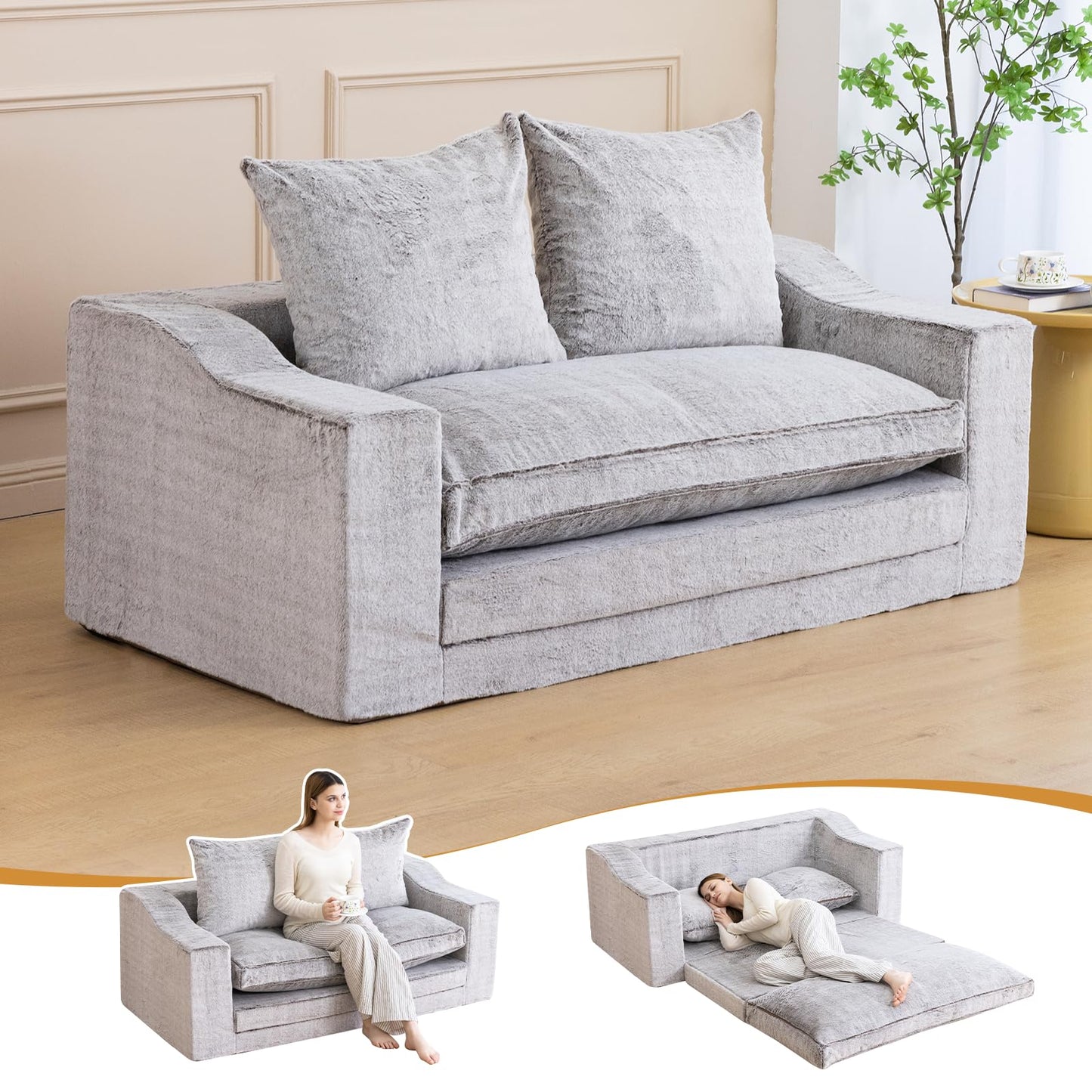61" Convertible Sofa Bed Loveseat, Memory Foam Boneless Floor Couch with Removable Faux Fur Cover, Tri-folding Compact Full-size Sleeper for Small Living Room, Playroom, Guest Room, RV (White-Coffee)