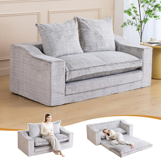 61" Convertible Sofa Bed Loveseat, Memory Foam Boneless Floor Couch with Removable Faux Fur Cover, Tri-folding Compact Full-size Sleeper for Small Living Room, Playroom, Guest Room, RV (White-Coffee)