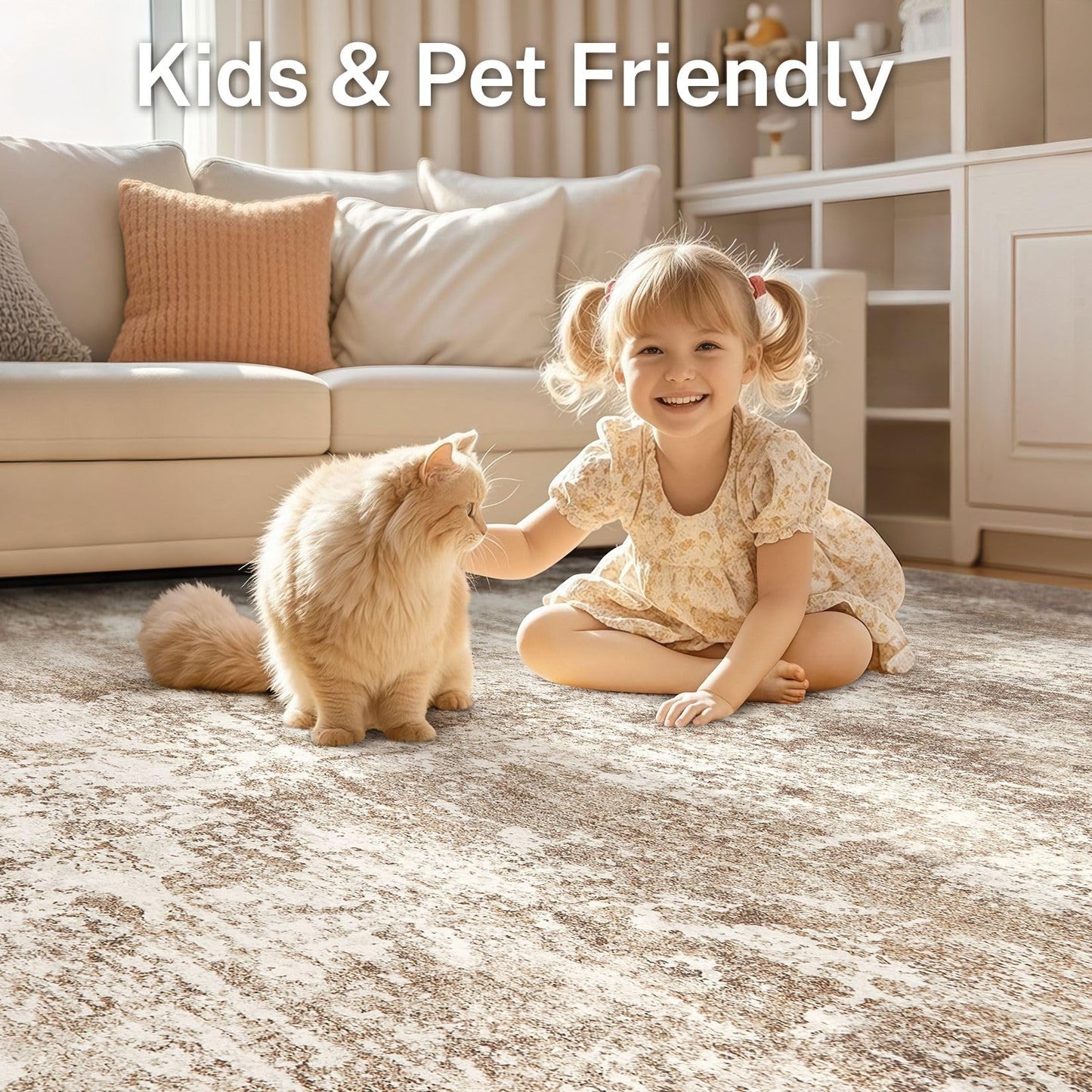 Micgeek Area Rug Living Room - 9X12 Abstract Washable Large Soft Foldable Non Slip Rug Neutral Modern Low Pile Carpet for Bedroom Nursery Dining Room Farmhouse Home Office Indoor - Brown