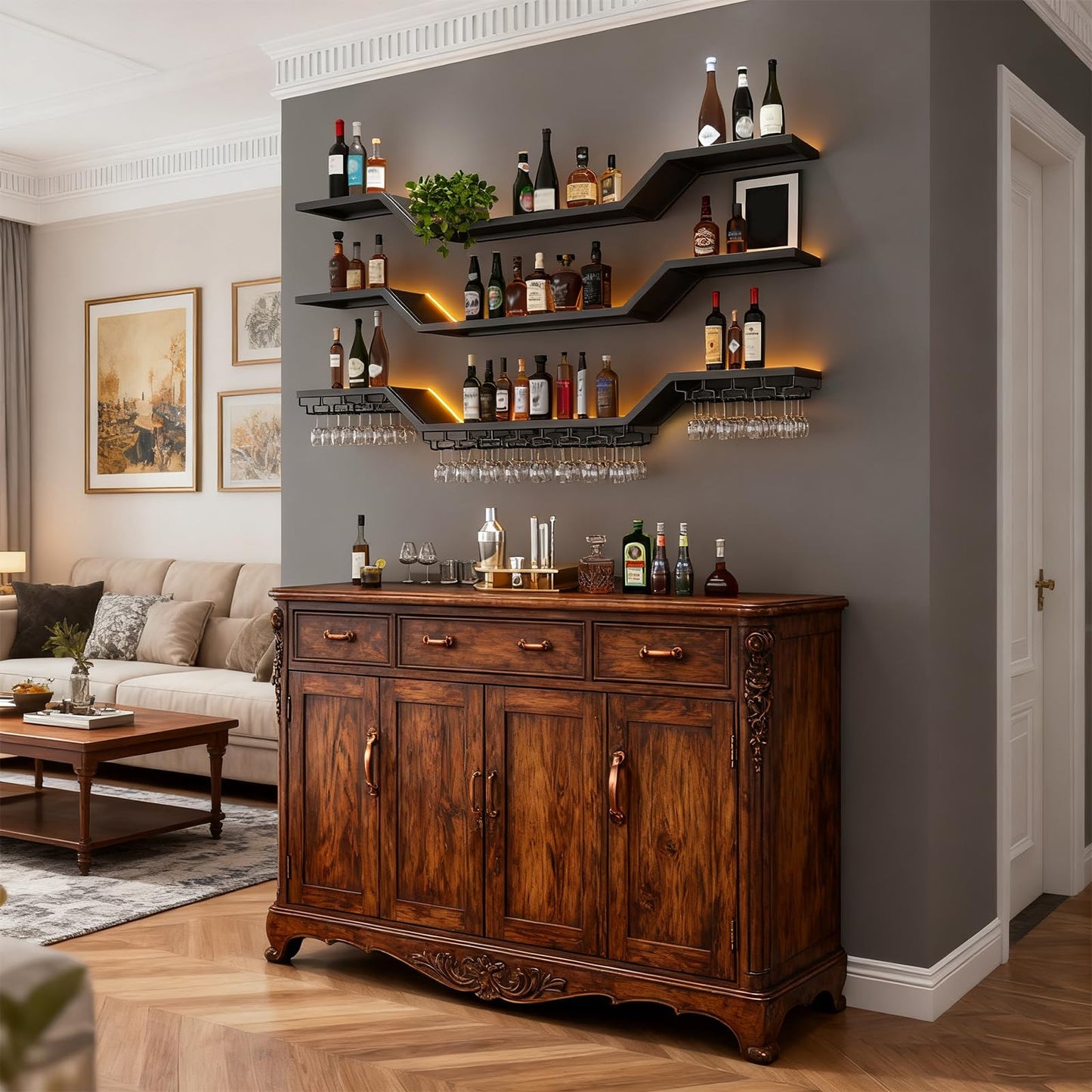 31.5in Modern LED Wine Rack Wall Mounted, 3-Tier Floating Bar Shelves with Wine Glass Rack, Large Hanging Liquor Shelf Wall Mounted, for Home Bar Dining Room Cafe Decorative (Black, 31.5in/80cm)