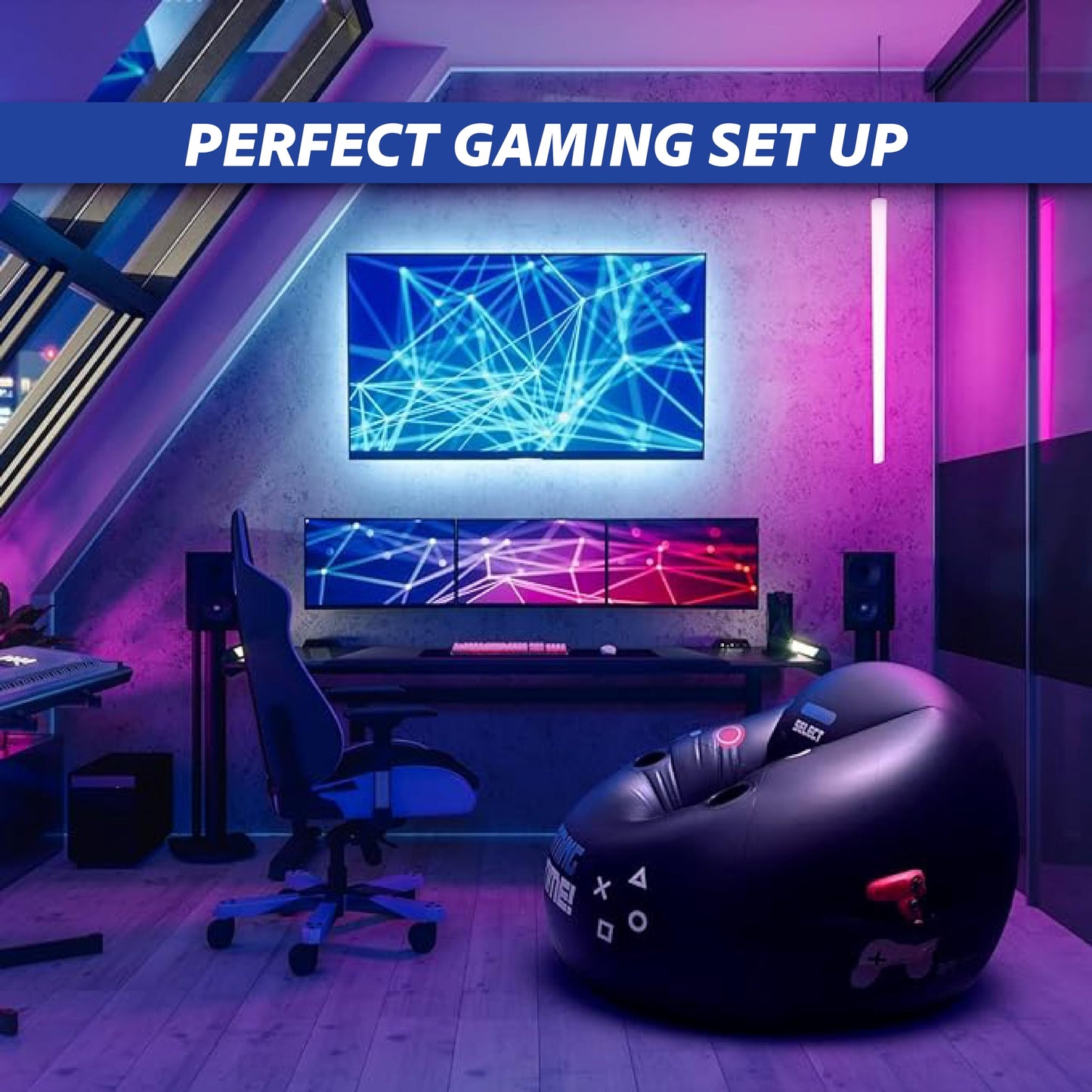 FranFusion Inflatable Gaming Chair for Kids & Teens with Cup Holders and Side Pocket - This Air Bean Bag Game Chair is The Perfect Furniture for Gamer Room Décor (Gaming Time with Ottoman)