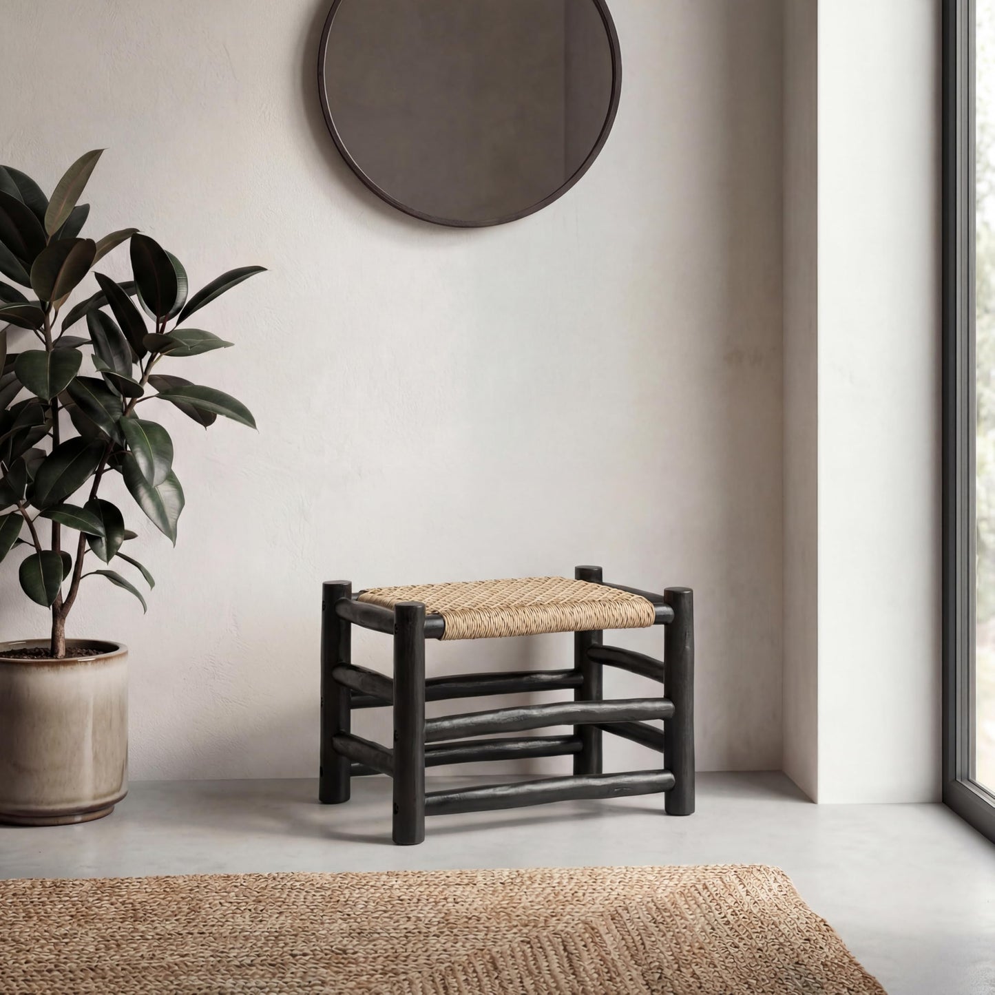 JONATHAN Y Chuck Bohemian Teak Wood Indoor Outdoor Accent Stool, 28" Handcrafted Backless Bench with Woven Synthetic Rattan Seat, Black Finish for Patio, Living Room, or Entryway STL3001B