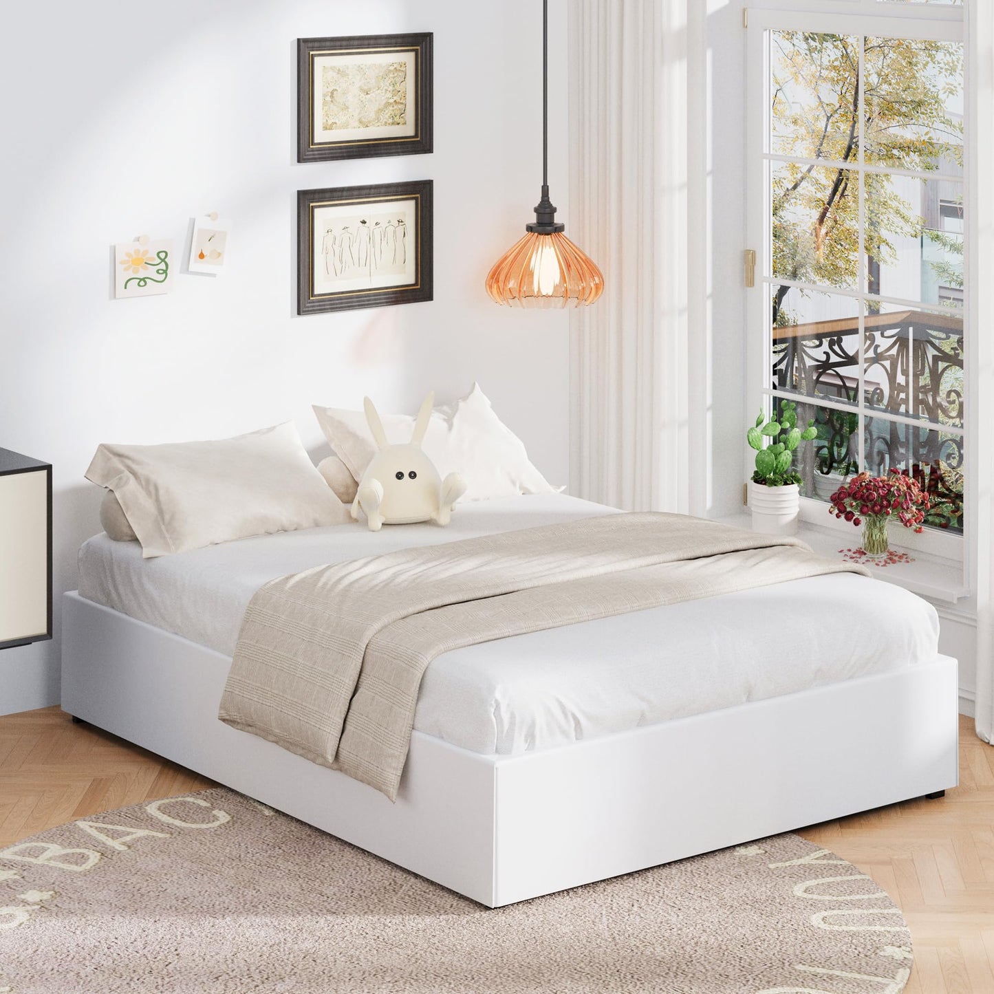 Upcanso 16 Inch Cal King Bed Frame with White Skirt Cover, Metal California King Bed Frames with Storage, No Box Spring Needed, Heavy Duty, Easy Assembly, Noise Free, Mattress Foundation