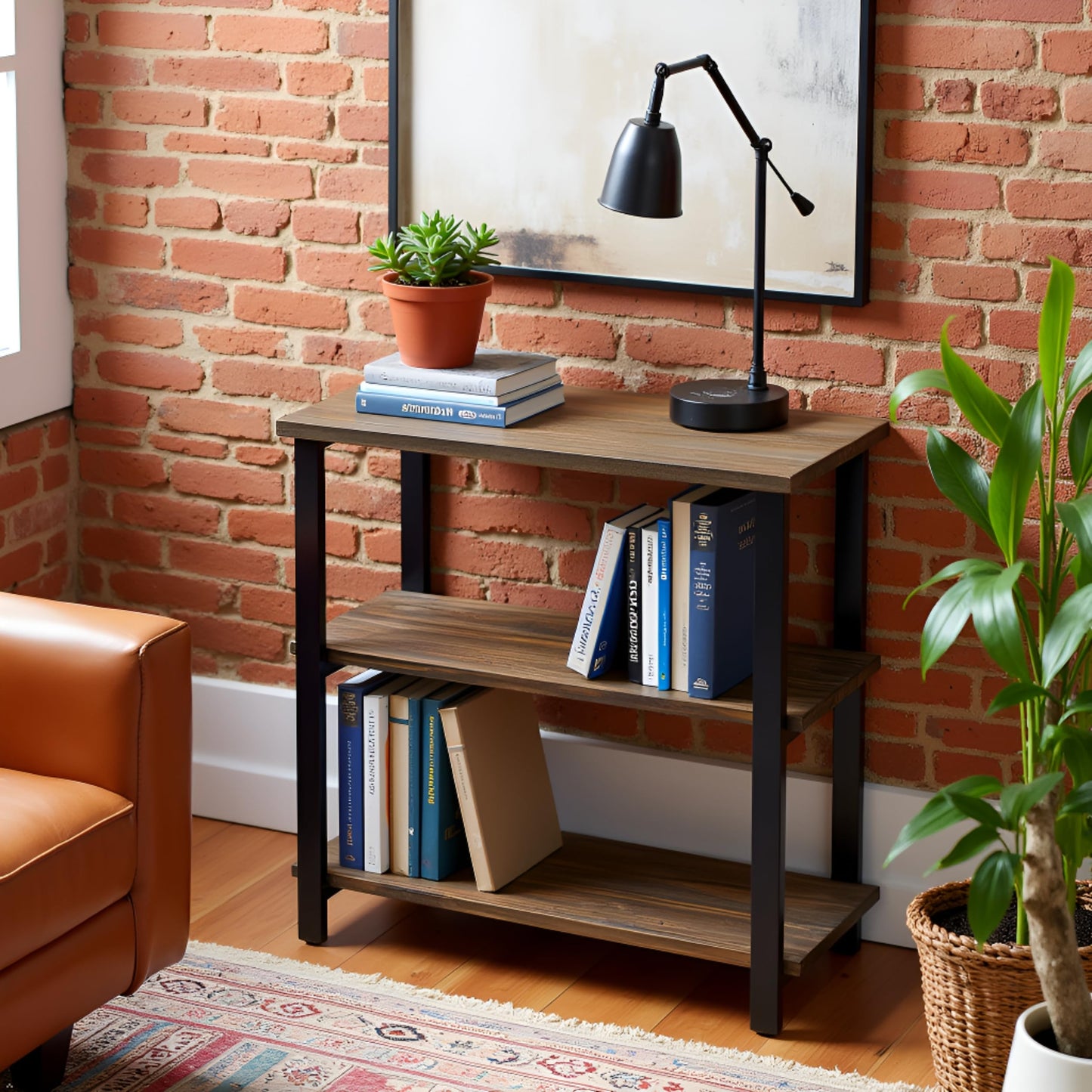 Alaterre Furniture Pomona Living Room 3-Tier Solid Wood Under-Window Bookshelf with Metal Frame – Rustic Industrial Modern Living Room Bookcase (Rustic Brown)