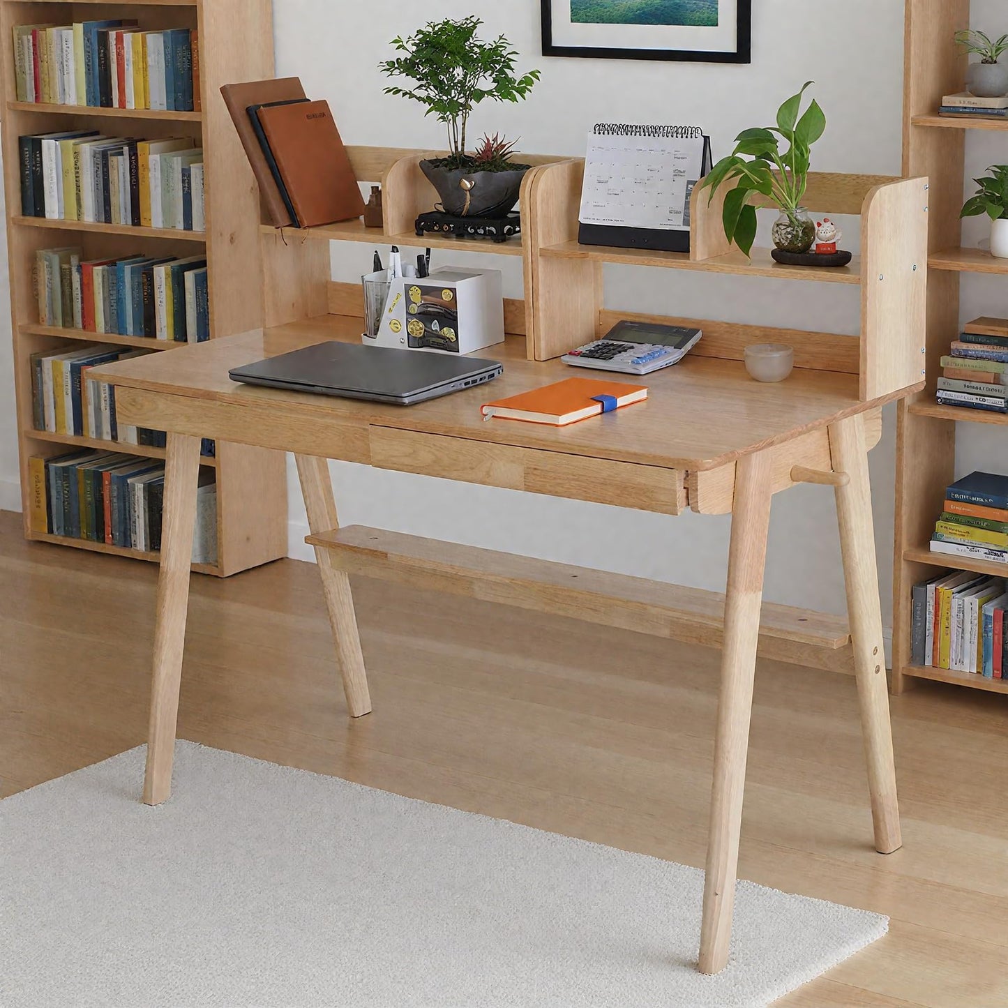 BuyUp Writing Desk Mid Century Modern and 2 Desktop Hutch for Home & Office & Dorm, Natural