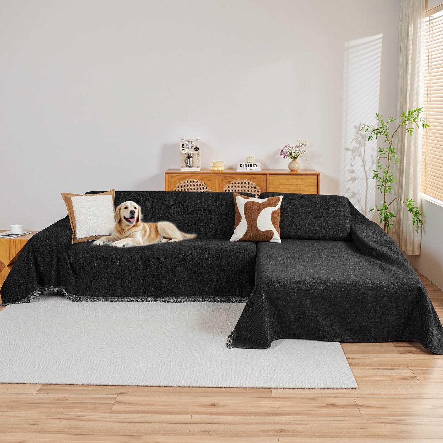 MYSKY HOME Couch Cover for Sectional Sofa, 2 Pieces Chenille Couch Covers for L Shape Sofa Cover, Furniture Protector for Pets, Kids, Sofa Slipcover for 3-4 Cushion Couch (71"x118"+91"x134", Black)