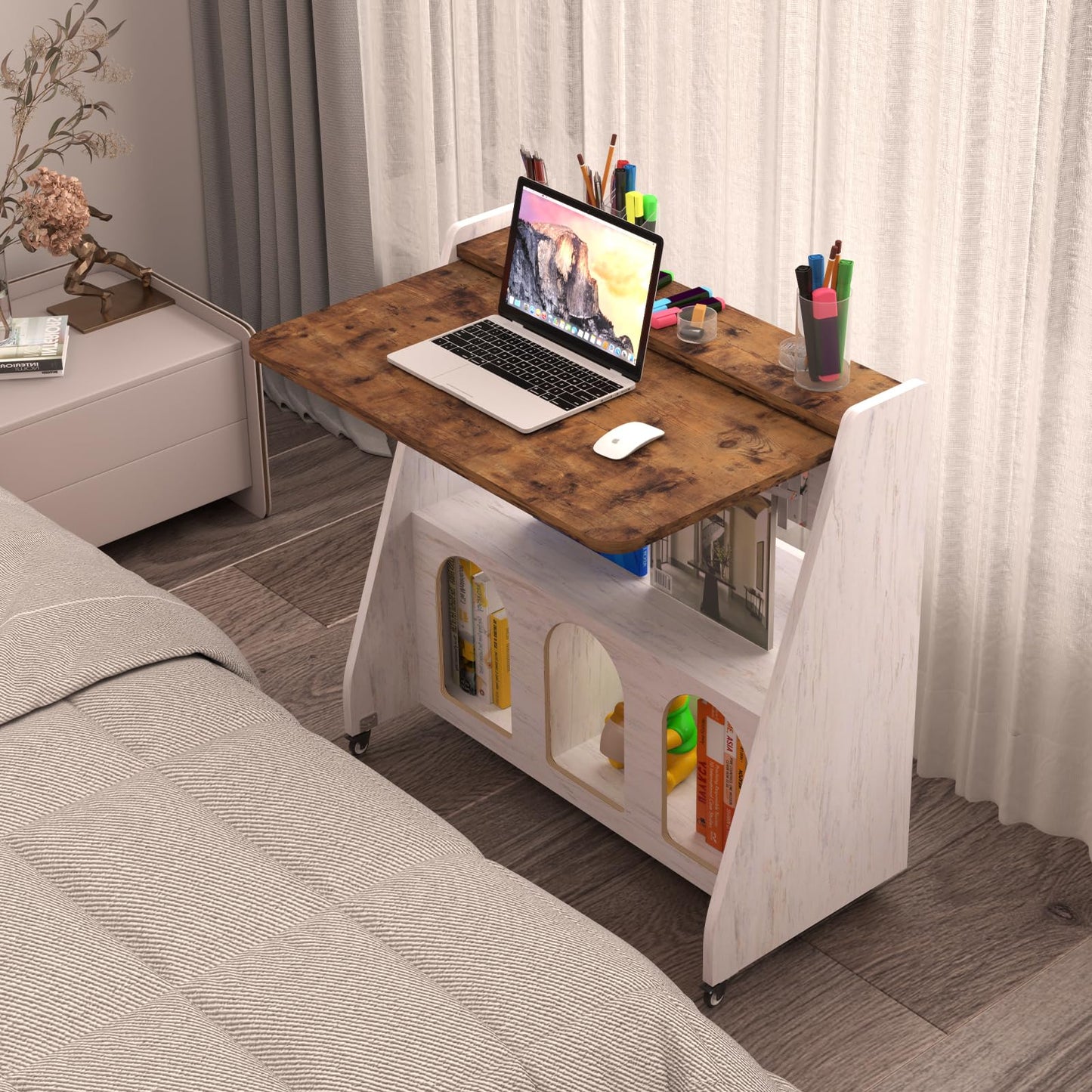 Pmnianhua Home Office Desk with Wheels,Multipurpose Mobile Workstation,Rolling Computer Writing Desk with 4 Lockable Wheels and Storage(Rustic Brown)