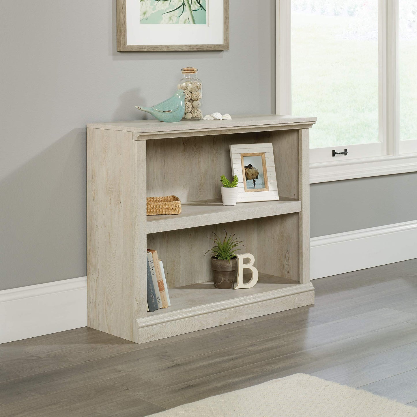 Sauder 2 Tier Book Shelf Wooden Bookcase Multipurpose Bookshelf for Home Office, Living Room, in Chalked Chestnut