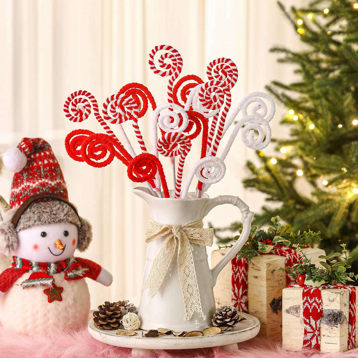 Gerrii 16" Red White Christmas Tree Pick Decor Candy Cane Xmas Ornament Peppermint Curly Pick Spray Lollipop Stem Large Tree Topper Branch Elf Stick for Home Wreath Vase Filler Craft Holiday Party
