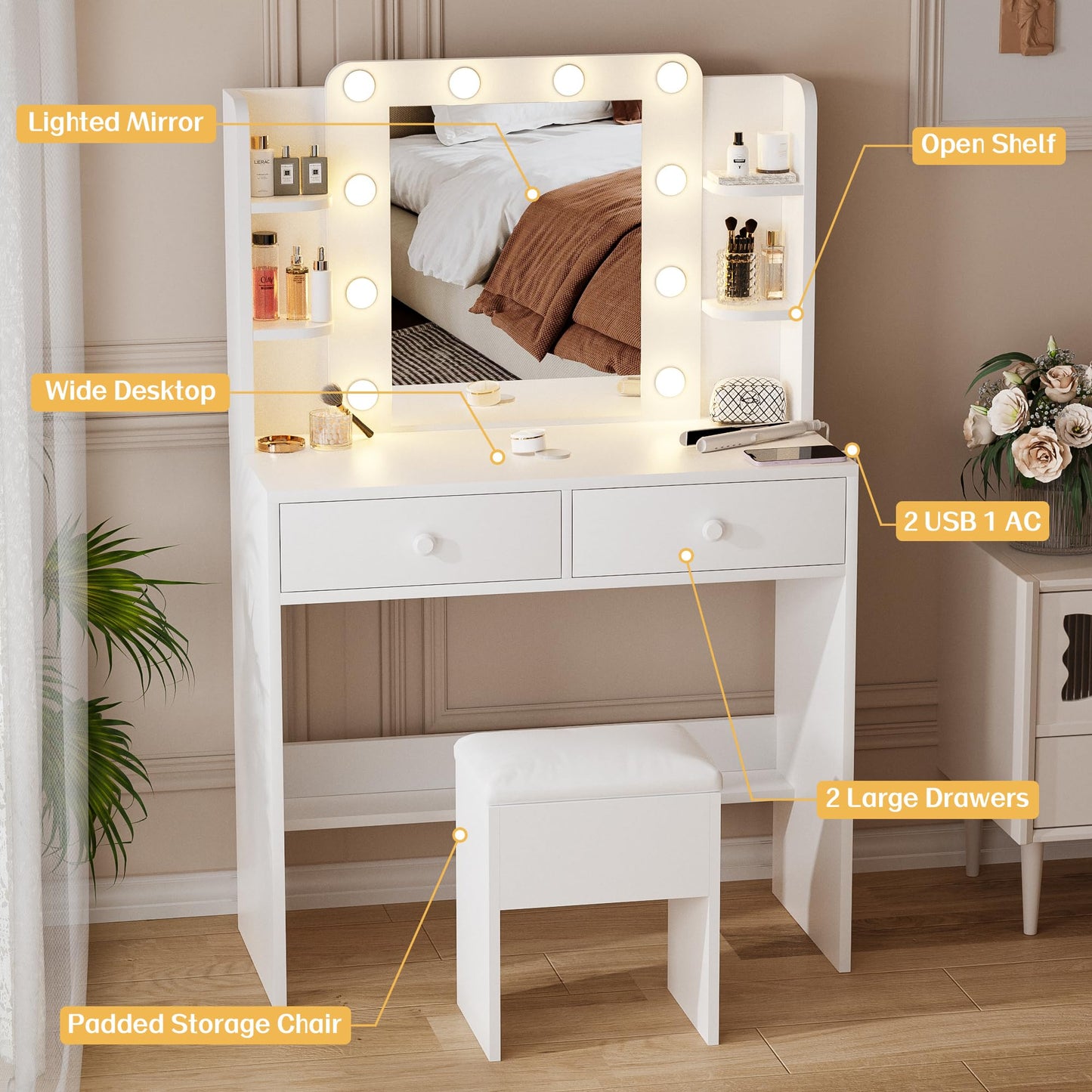 Haewon White Vanity Desk with Mirror and Lights, Makeup Vanity with 10 LED Bulbs and 3 Color Modes, Dressing Table Set with Power Outlets, Storage Drawers and Chair for Bedroom