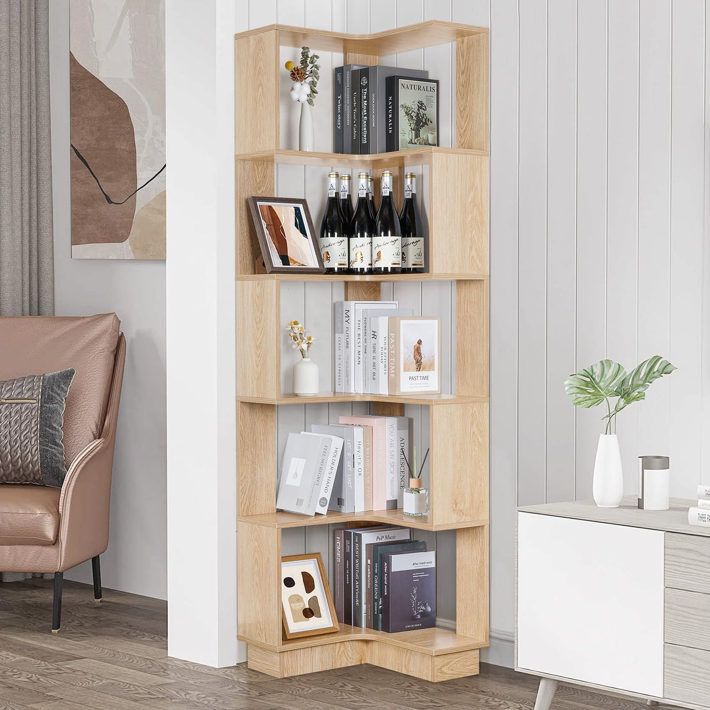 GOOFCXO Wooden Corner Bookcase, 5 Tiers Corner Bookshelf 68.9" L-Shaped Storage Display Rack Tall Large Open Bookshelf with Fixture for Living Room Bedroom Study Office