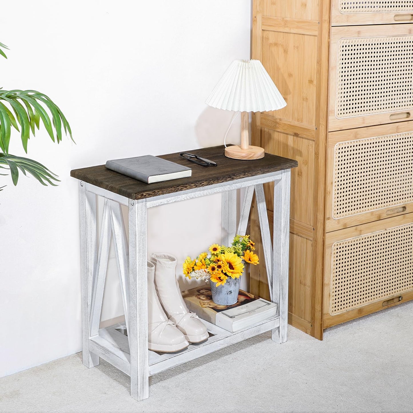 FEUFOAM Farmhouse End Table Narrow Side Table Living Room Slim End Tables with Storage Shelf 2 Tier Nightstand for Bedroom Hallway Dormitory, Rustic Brown and White