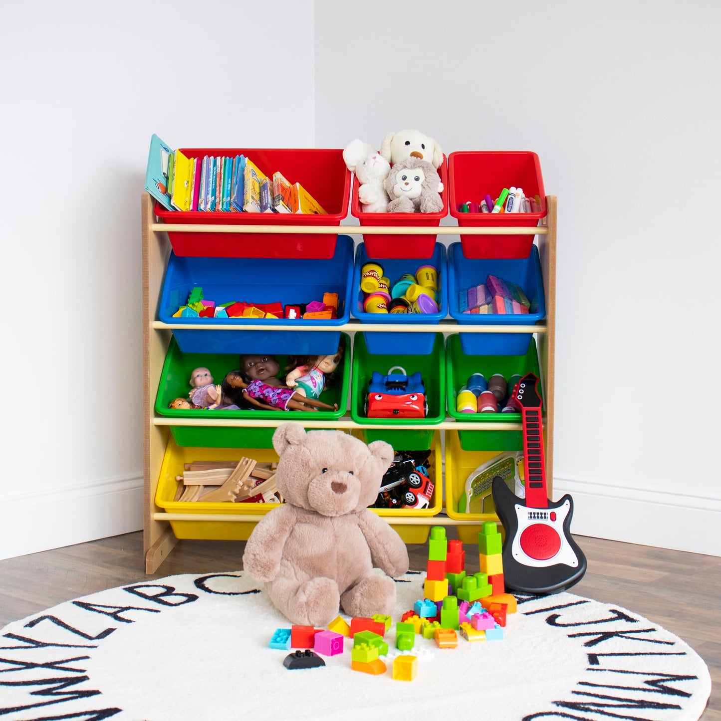 Humble Crew Kids' Toy Storage Organizer with 12 Plastic Bins, Natural/Primary, Model Number: WO560