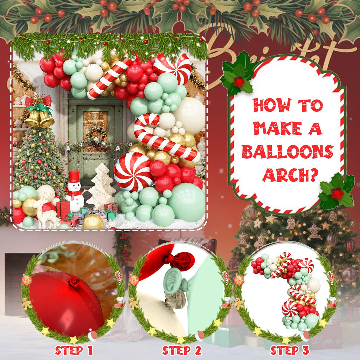 Christmas Balloons Arch Red Green White Gold Balloons Garland with Candy Cane Crutch Foil Balloon Xmas Birthday Party Decorations Lollipop Balloon Metallic Beige Latex Helium New Year Decor Supplies