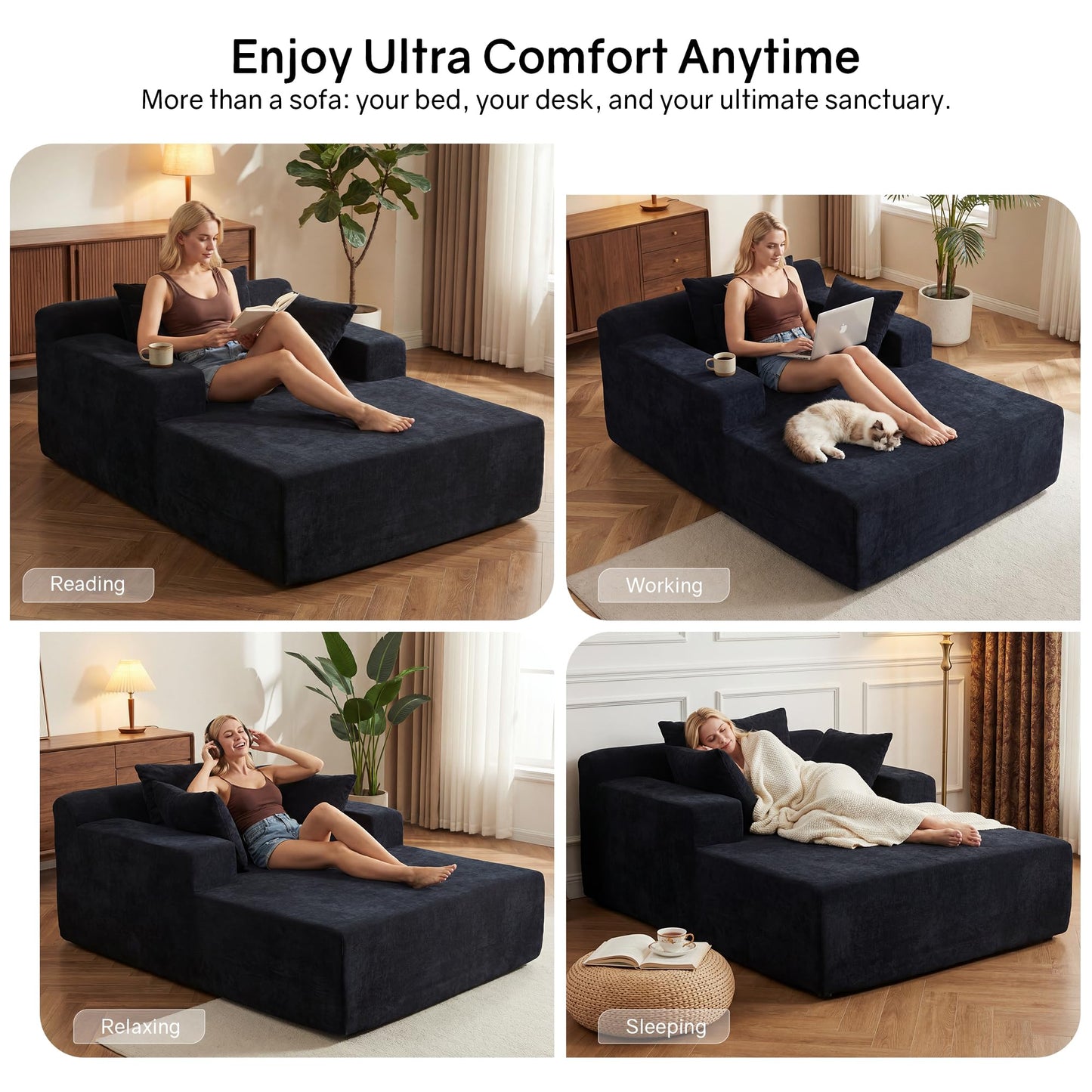 66" Chaise Lounge Chair Indoor, Oversized Boneless Lounge Chair with 3 Pillows, Chenille Cloud Reading Chair for Living Room Bedroom, Deep Seat Sleeper Couch, No Assembly Required