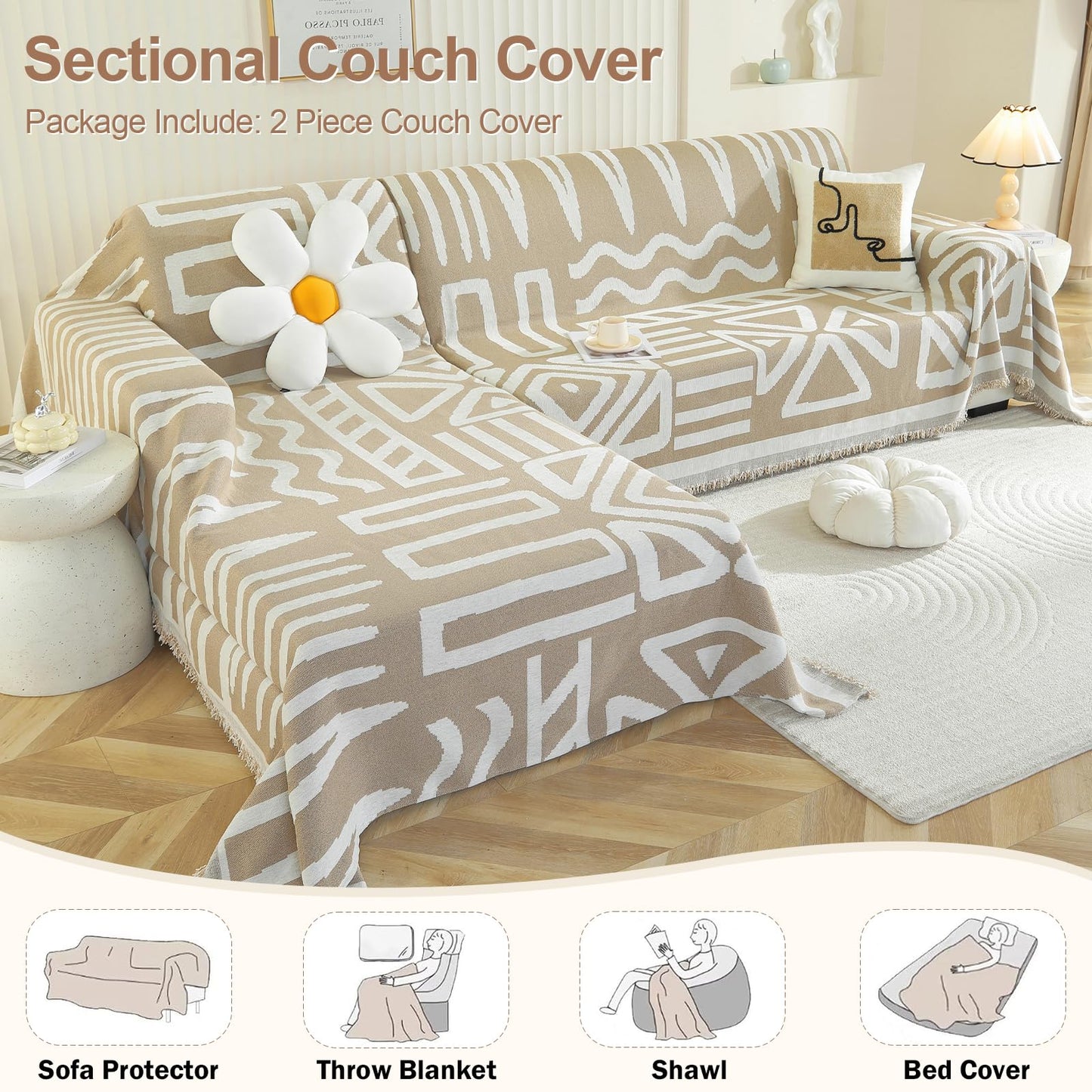 OstepDecor Boho Sectional Couch Covers 2 Pieces, L Shaped Sofa Cover, Chenille Couch Cover for Dogs Washable, Couch Cover Blanket, Sofa Slipcover for 2-3 Cushion Couch (71"x102"+71"x118", Khaki)