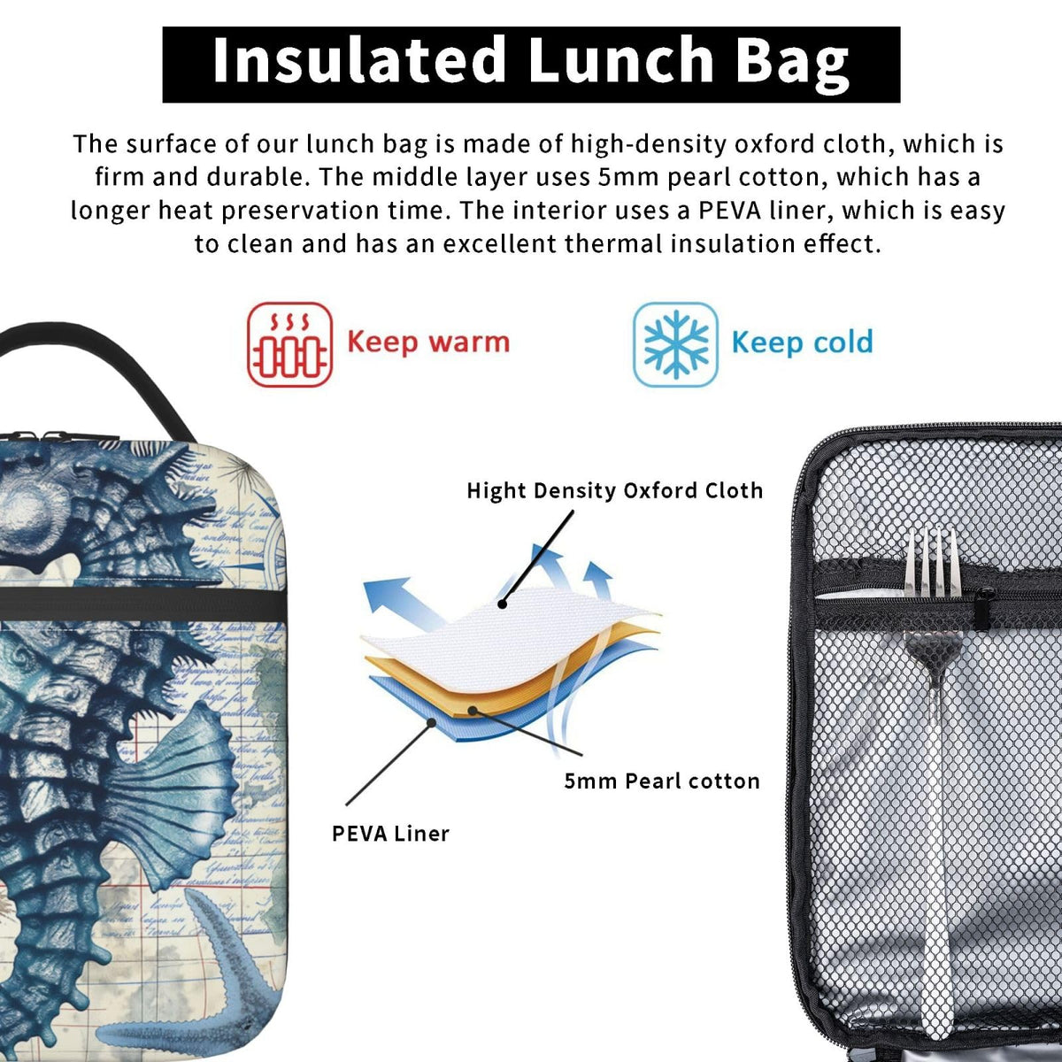 VANZEV Sea Horse Lunch Box for Adults Women Girls Boys Kids Nautical Ocean Animal Theme Lunch Box Insulated Cooler Reusable Lunch Bag Container Gifts for Work Office Picnic Travel School