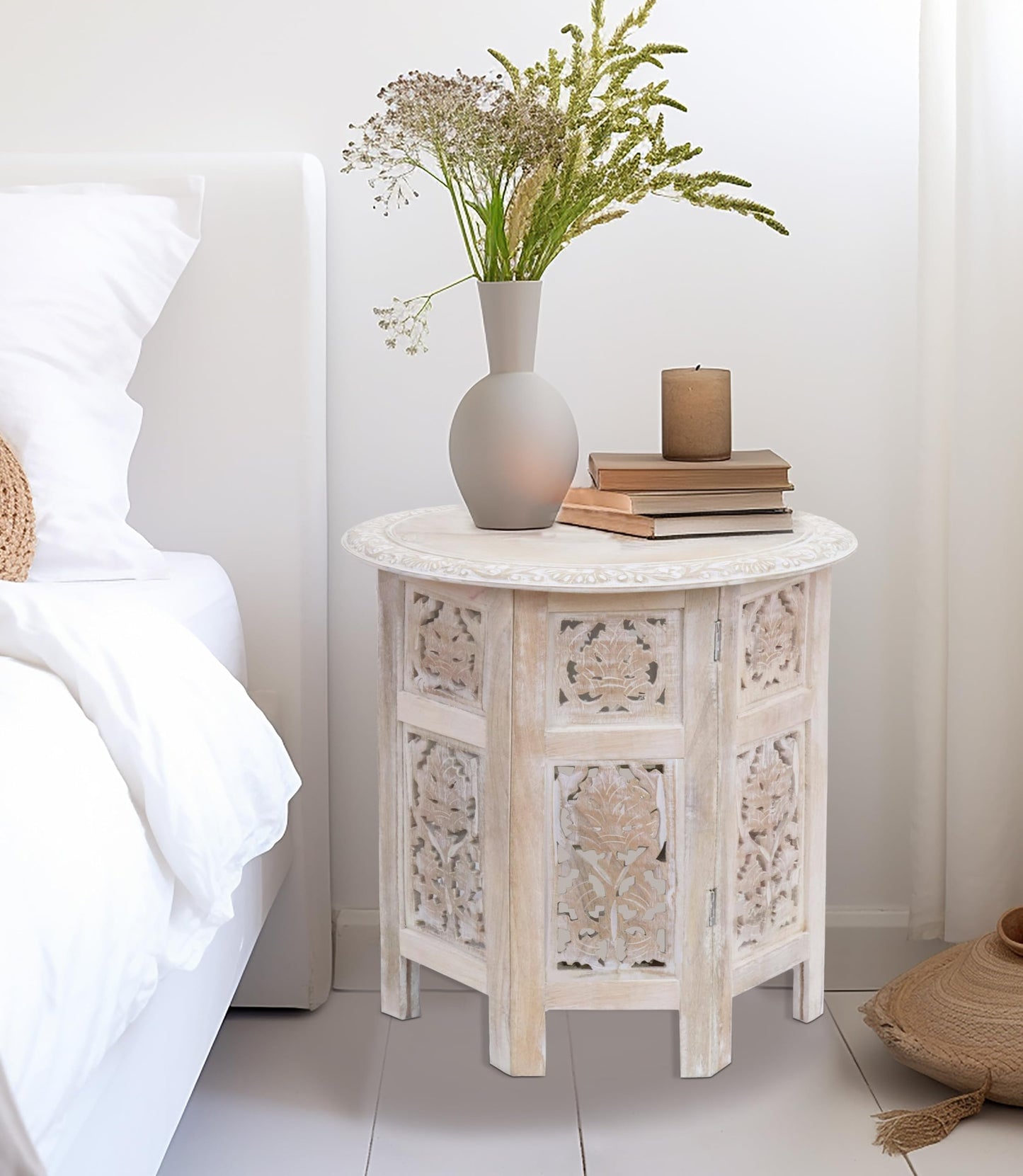 COTTON CRAFT Solid Wood End Table - Hand Carved Vintage Boho Folding Accent Side Table - Small Spaces - Entryway Farmhouse Living Room Bedside - No Tools Assembly - 18x18 Round - White Wash