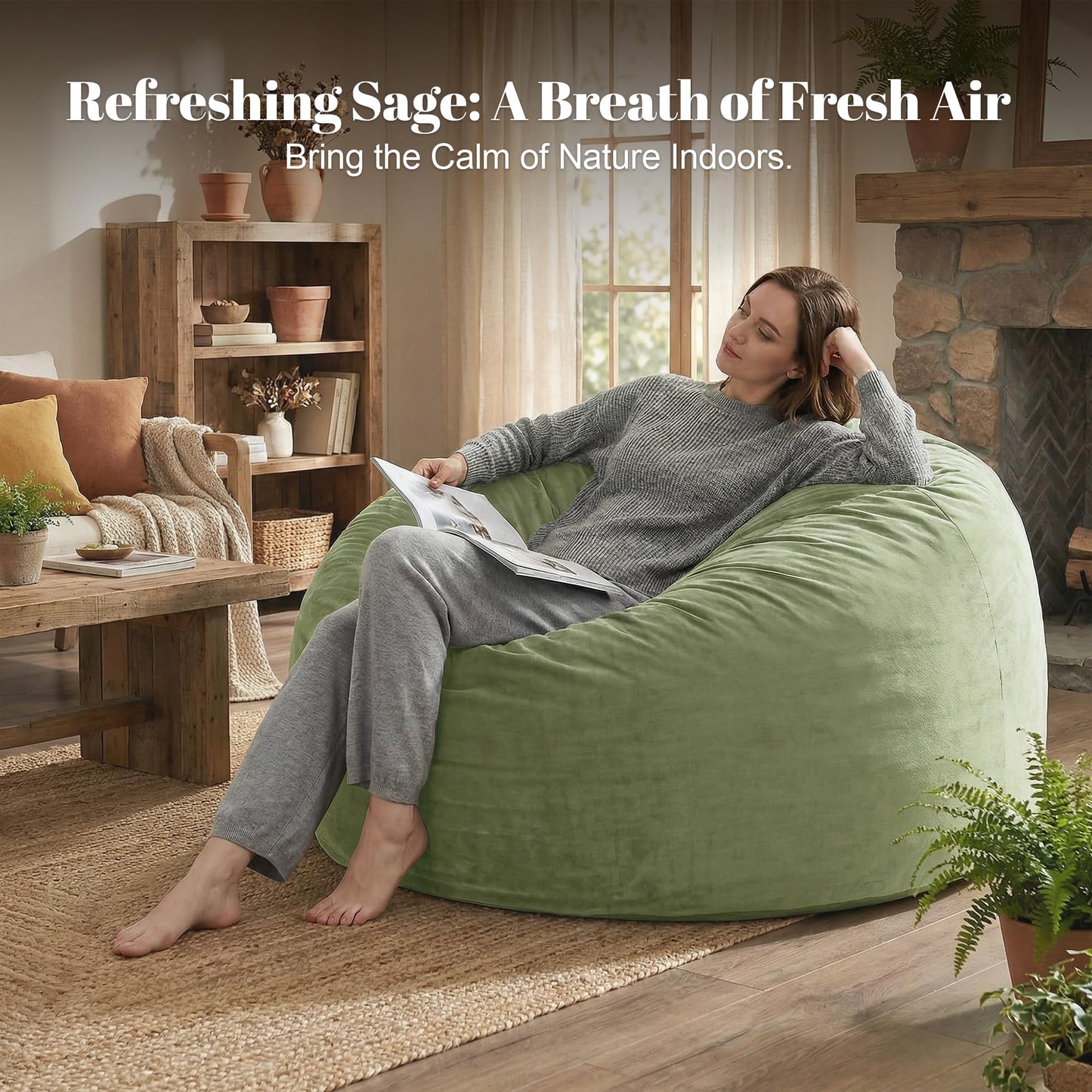 Codi Sage Large Bean Bag Chair for Adults, Comfy 4 FT Beanbag Chairs with Filler Included - Machine Washable & Removable Cover, Premium Shredded Foam