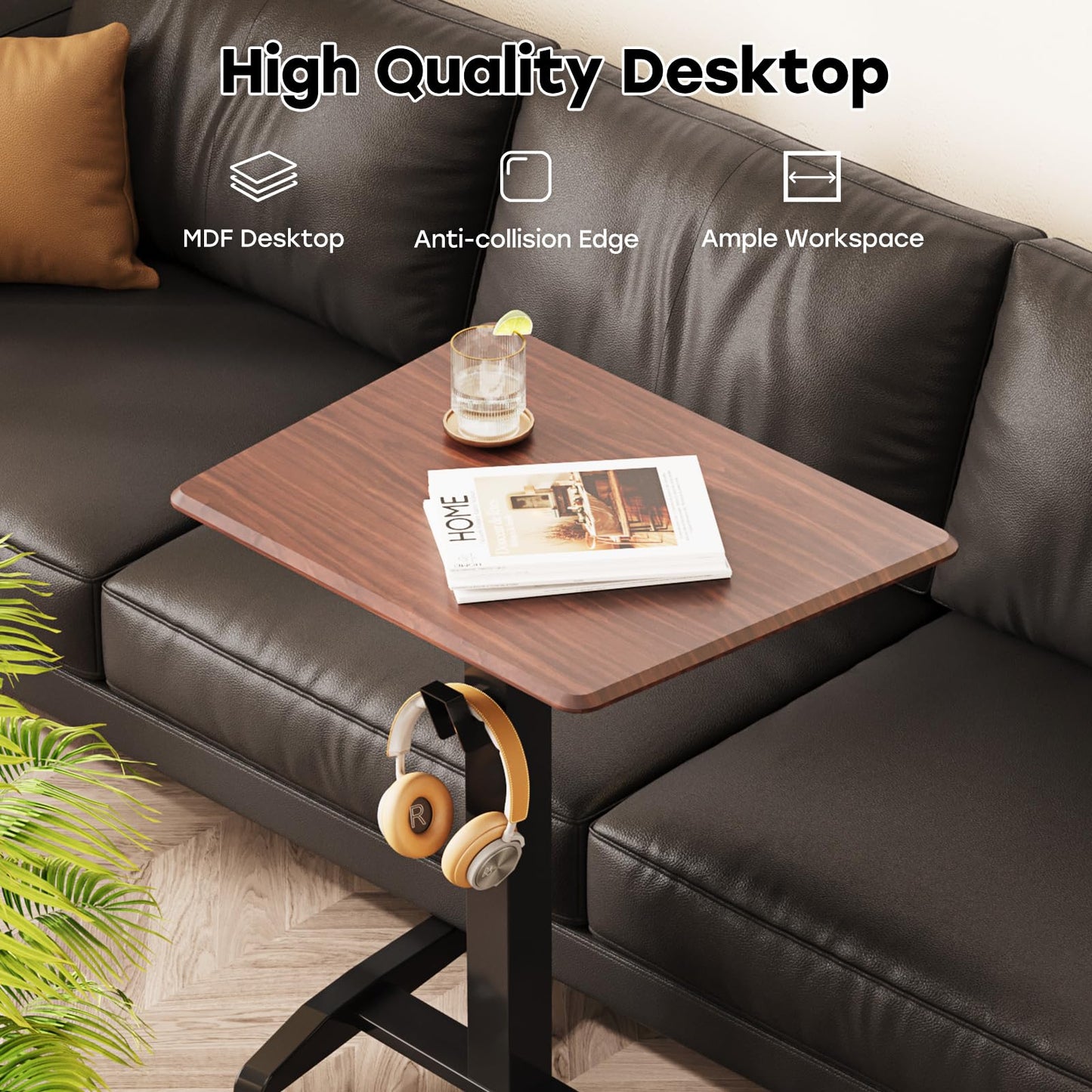 JOY worker Height Adjustable Rolling Laptop Desk with Shelf, Mobile Standing Desk, Pneumatic Mobile Laptop Table with Wheels for Couch Home Office School, Holds Up to 22lbs, Dark Walnut