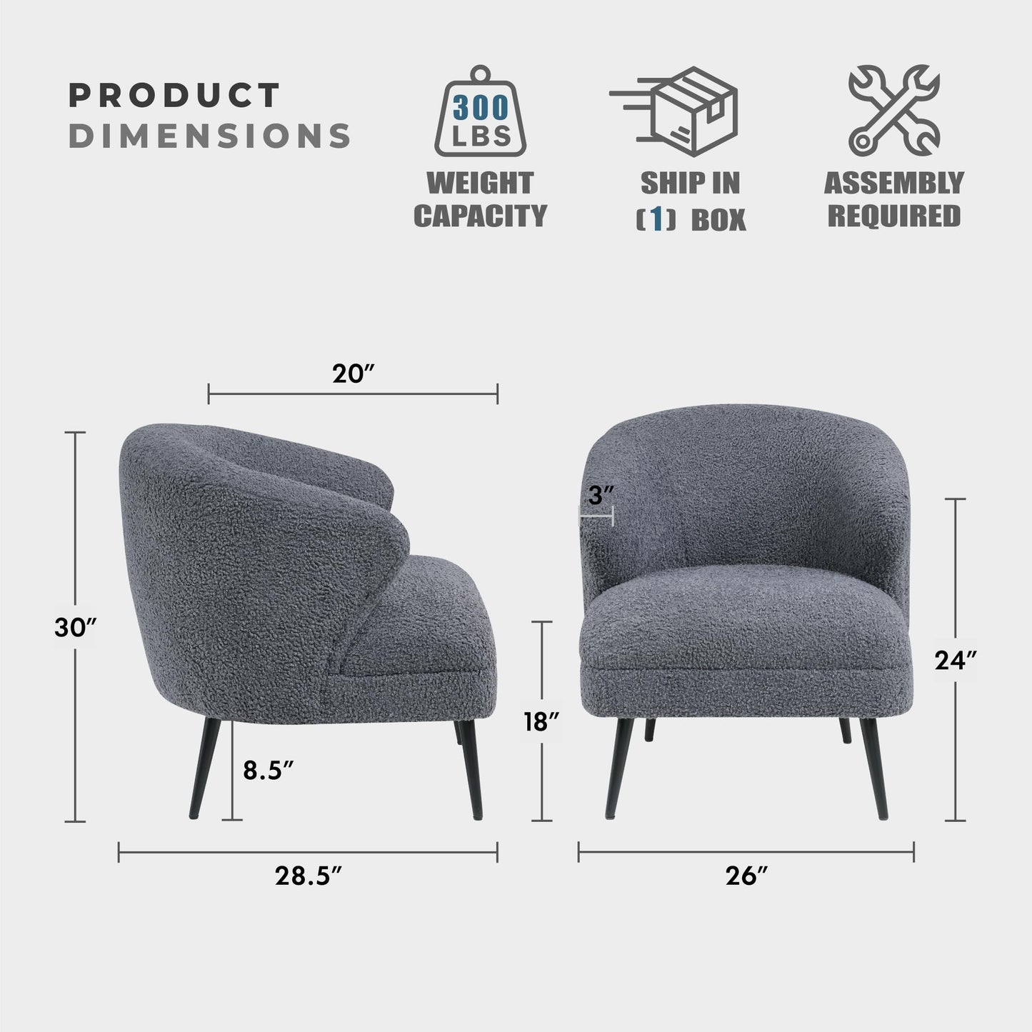 Lexicon Modern Accent Chair, Boucle Fabric Upholstered Single Sofa Chair with Curved Back for Living Room/Bedroom/Office/Apartment, Dark Gray