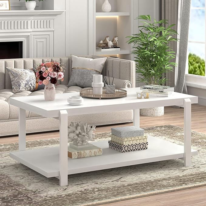 FOLUBAN White Coffee Table, Modern Rustic Wood and Metal Center Table