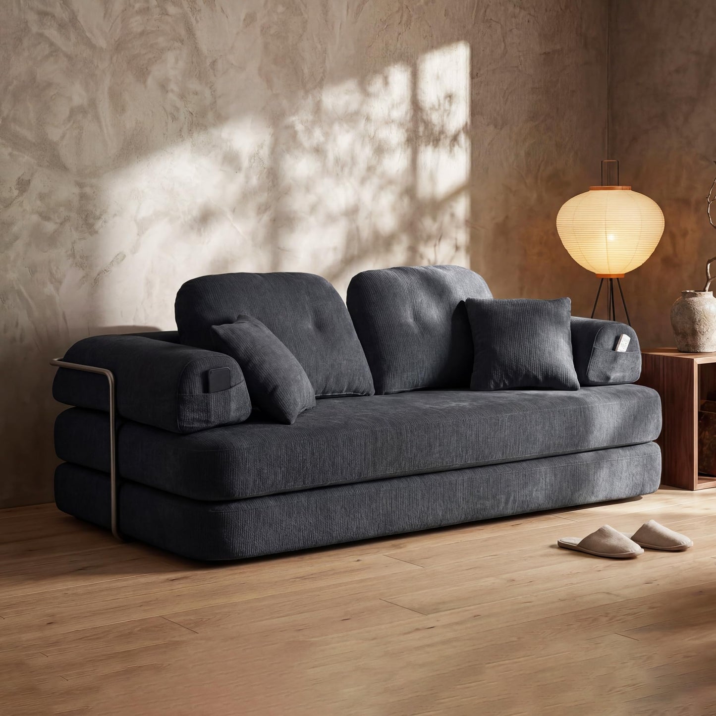 YasuSoofa Boneless Floor Sofa, 3-in-1 Convertible Loveseat Sleeper Futon, Modular Small Space Sofa Bed with High Headrests & Side Storage Pockets for Living Room, No Assembly, Bedroom, Apartment