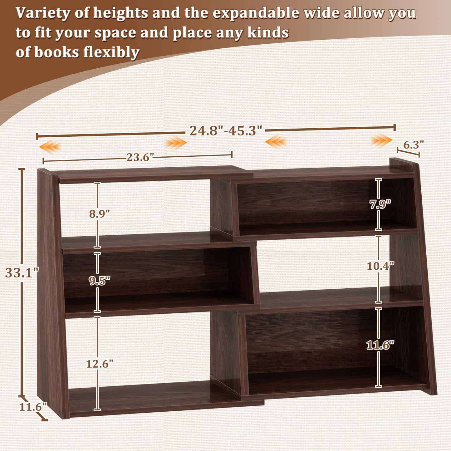 Armocity Expandable Bookshelf, Short Corner Bookshelf for Small Spaces, Small Ladder Book Shelf, Extendable Wood Narrow Bookcase for Living Room, Bedroom, 4 Tier, Black Walnut