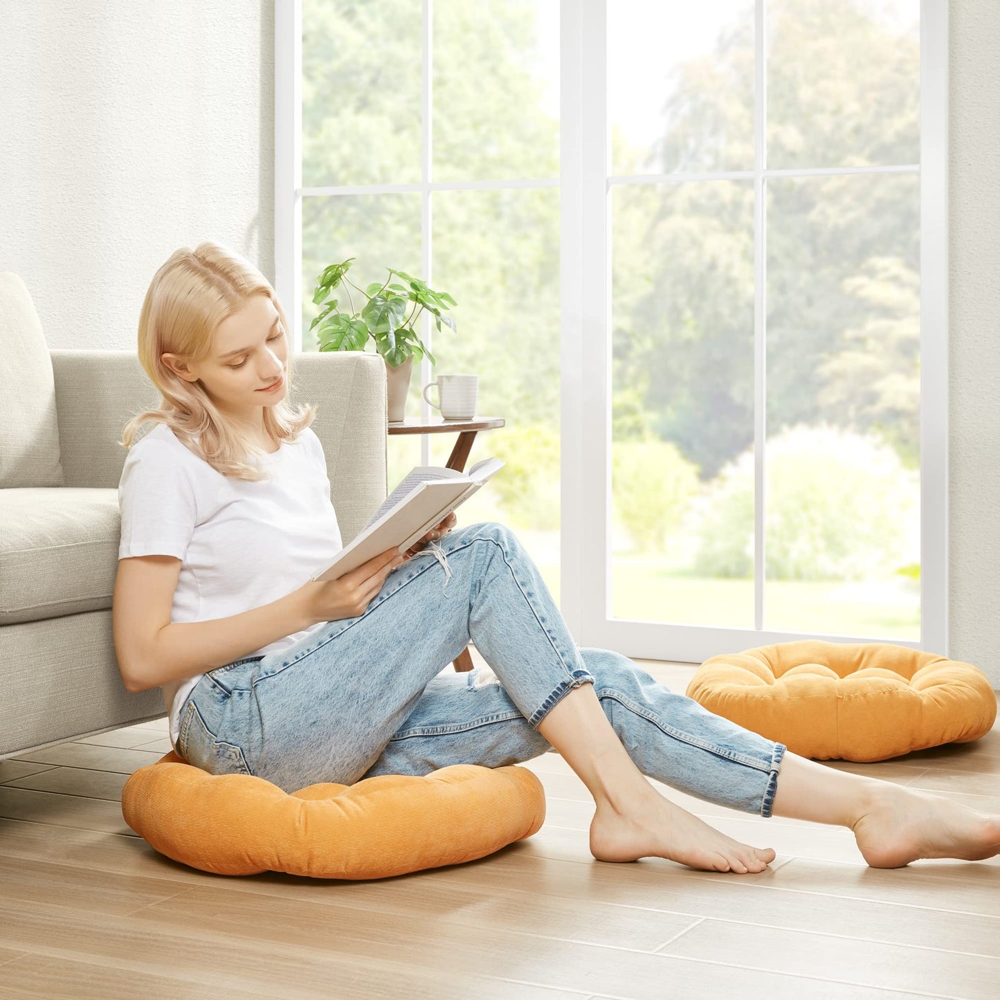 Degrees of Comfort Meditation Floor Pillow, Round Large Pillows Seating for Adults, Tufted Corduroy Cushion for Tatami Living Room, Orange Yellow 22 Inch