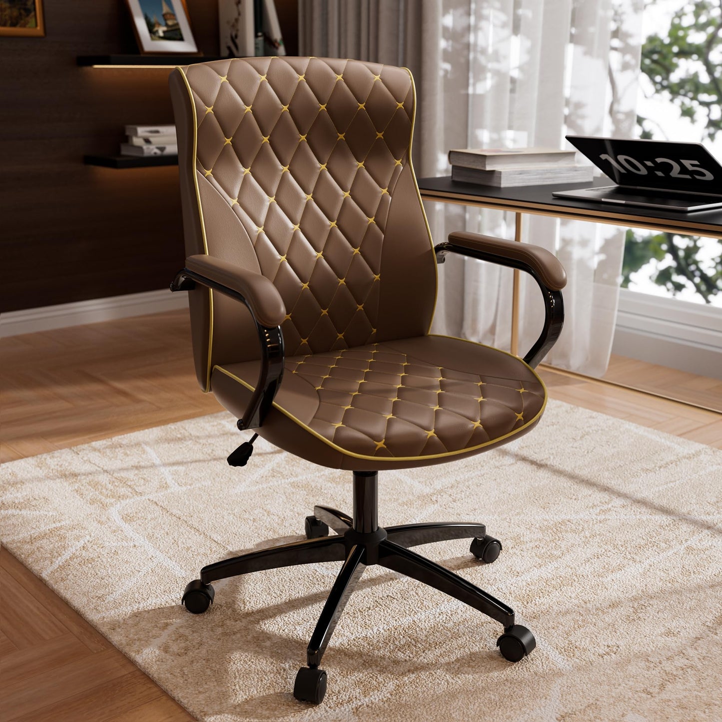 HomeZeer Brown Office Chair with Soft Leather Embroidery, Mid Back Vintage Swivel Executive Desk Chair with Wheels and Padded Arms, Adjustable Height