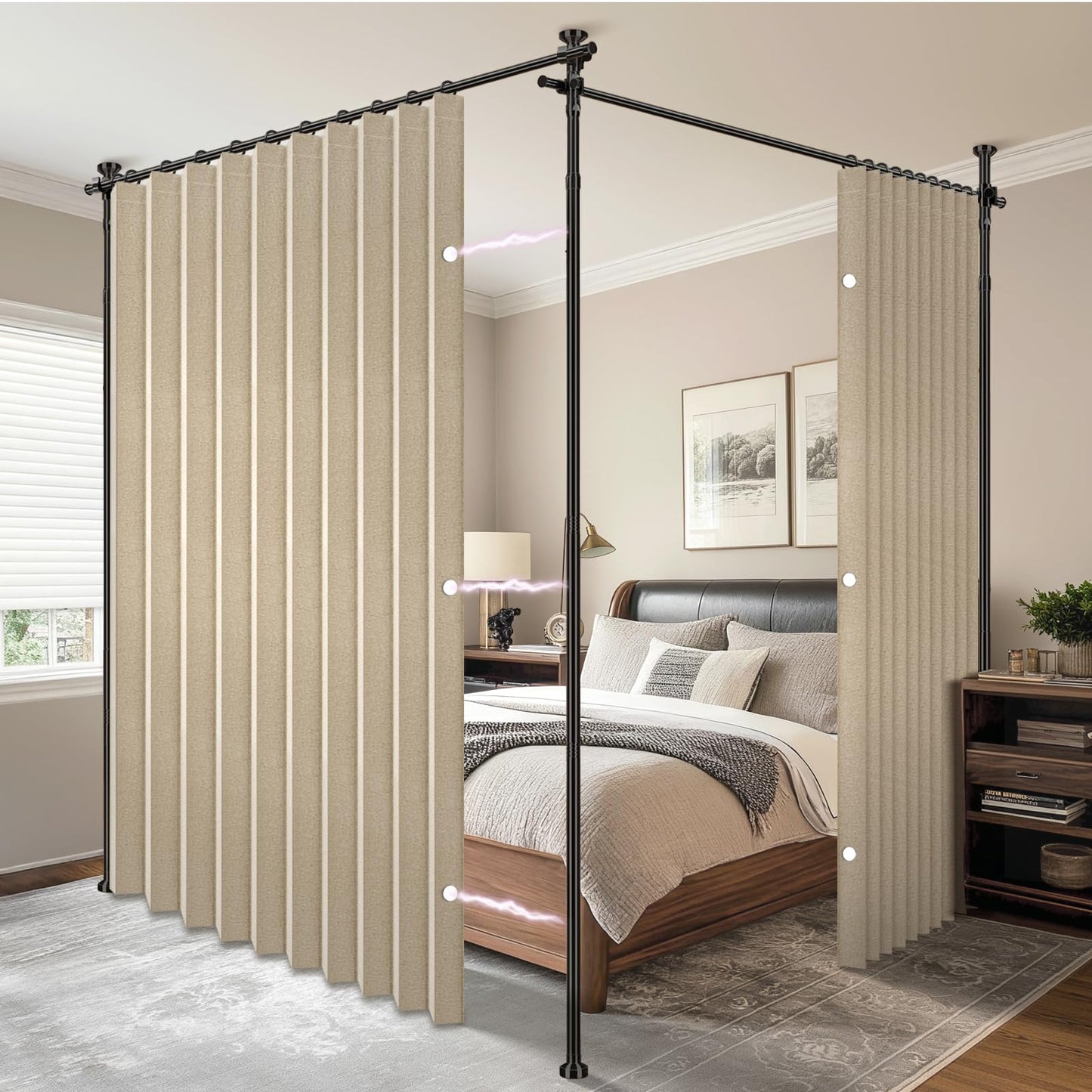 AJAZZ Room Divider Curtain (2 Panels, Beige, W100 x L96 in)+ Curtain Rods No Drilling Adjustable Tension (H) 43-120×(W) 35-200 in, Heavy Duty Wall Divider for Apartment/Dorm