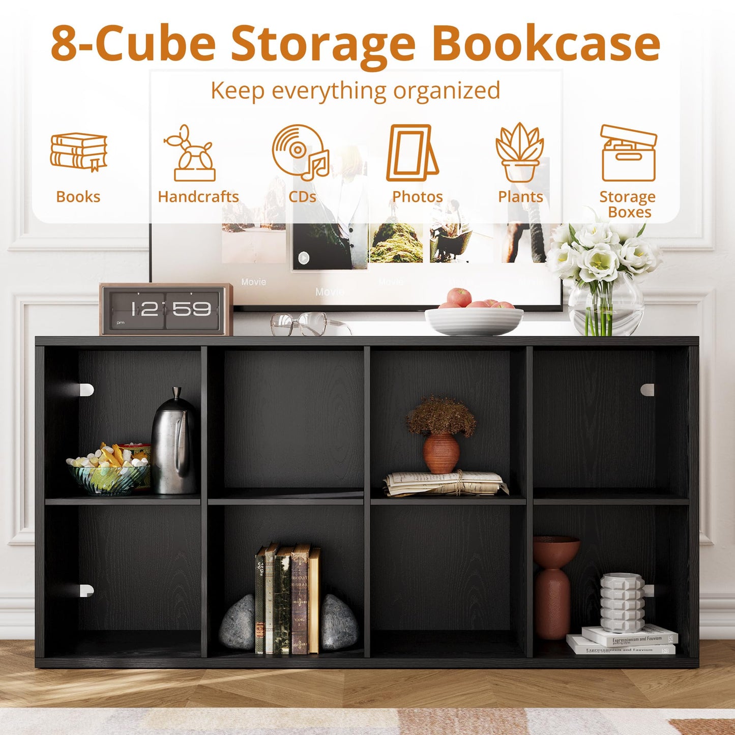 IRONCK Bookshelf, 8-Cube Storage Cube Shelf Organizer, Extra Thick Frame Horizontally & Vertically Reversible Bookcase with Open for Living Room, Bedroom, Home Office, Black
