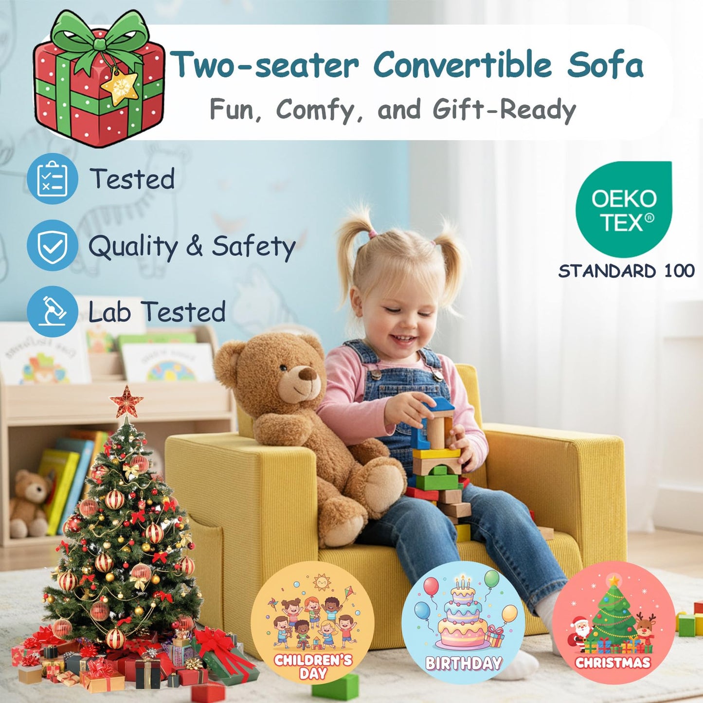 Tiita 2-in-1 Kids Sofa, Convertible Children Couch to Lounger, Flip Out Kids Chair, Toddler Armrest Chair Bed, Folding Kid Play Sofa for Girl or Boy, Corduroy Ginger Yellow