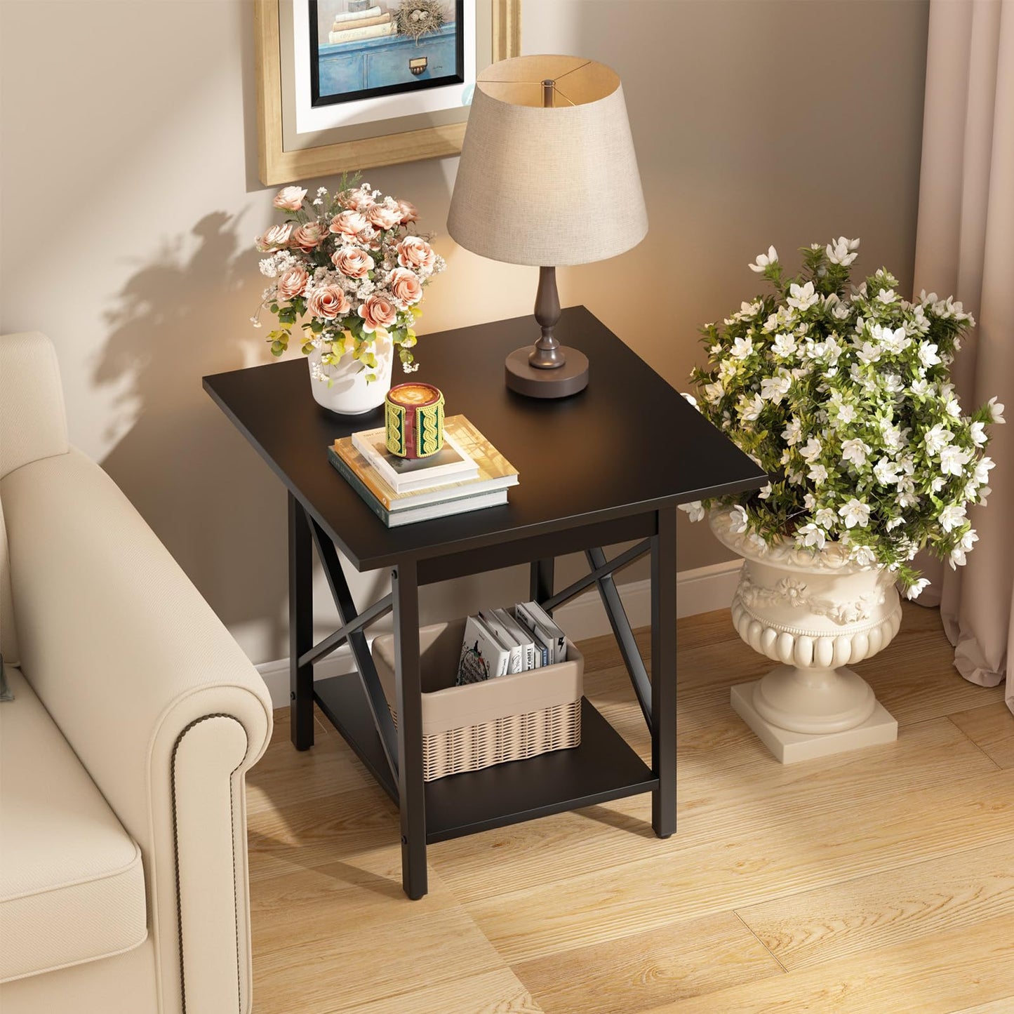 GreenForest Square End Table for Living Room, 24 Inch Large Side Table with X-Frame, Farmhouse Tall Bedside Nightstand with 2-Tier Storage Shelf, Black