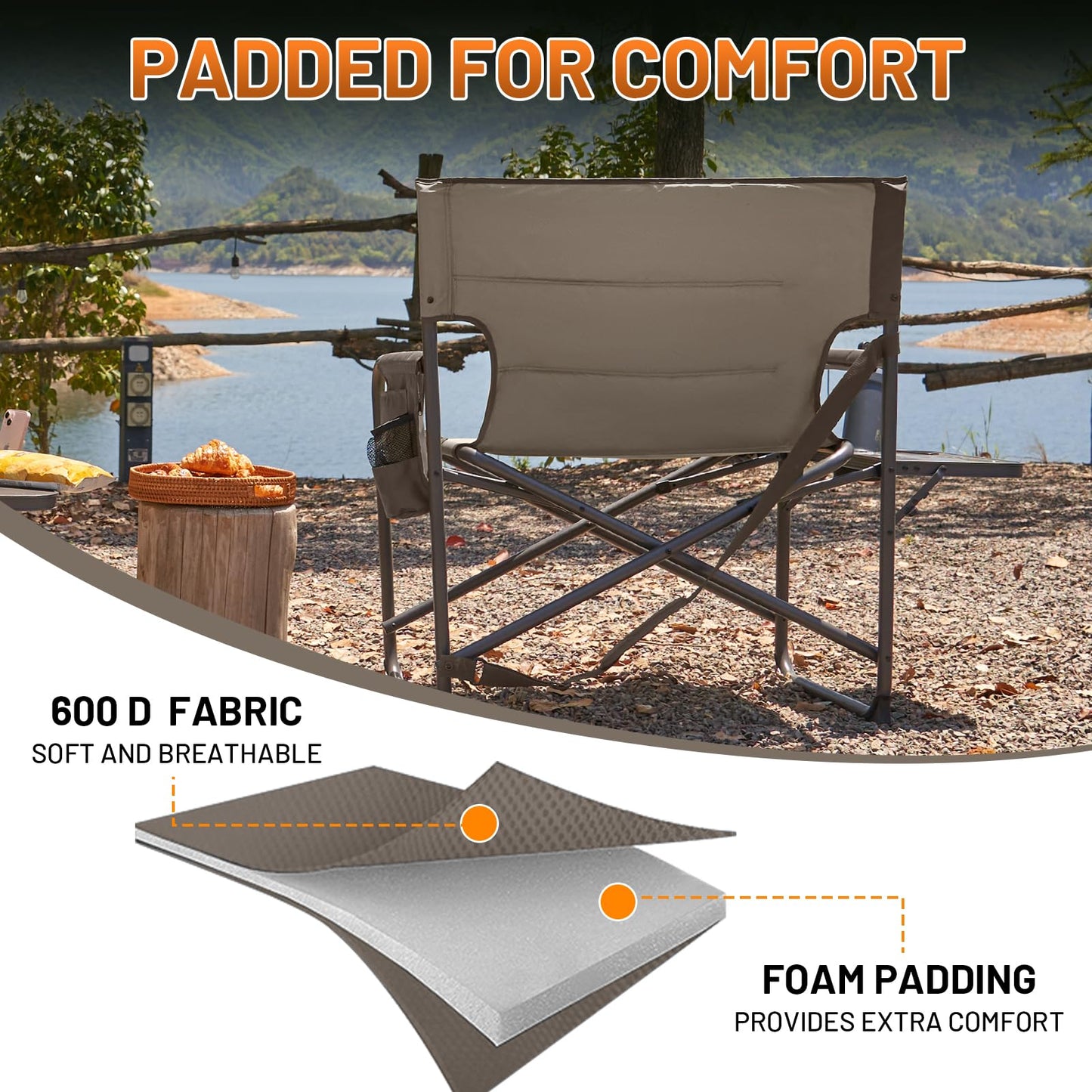 TIMBER RIDGE XXL Director’s Chair – Heavy Duty Folding Chair with Side Table, 500 lb Capacity, Extra Wide Padded Seat for Camping, Sports, Beach, Patio, and Outdoor Use, Tan-2 Pack