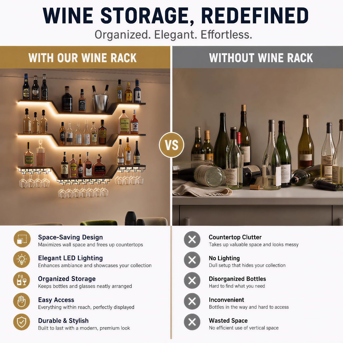 ZAOBAS Wall Mounted Wine Rack with LED Lights, 3-Tier Floating Bar Shelves, Hanging Liquor & Wine Glass Rack for Home Bar, Cafe, Dining Room Decor (Black, 39.4" W)