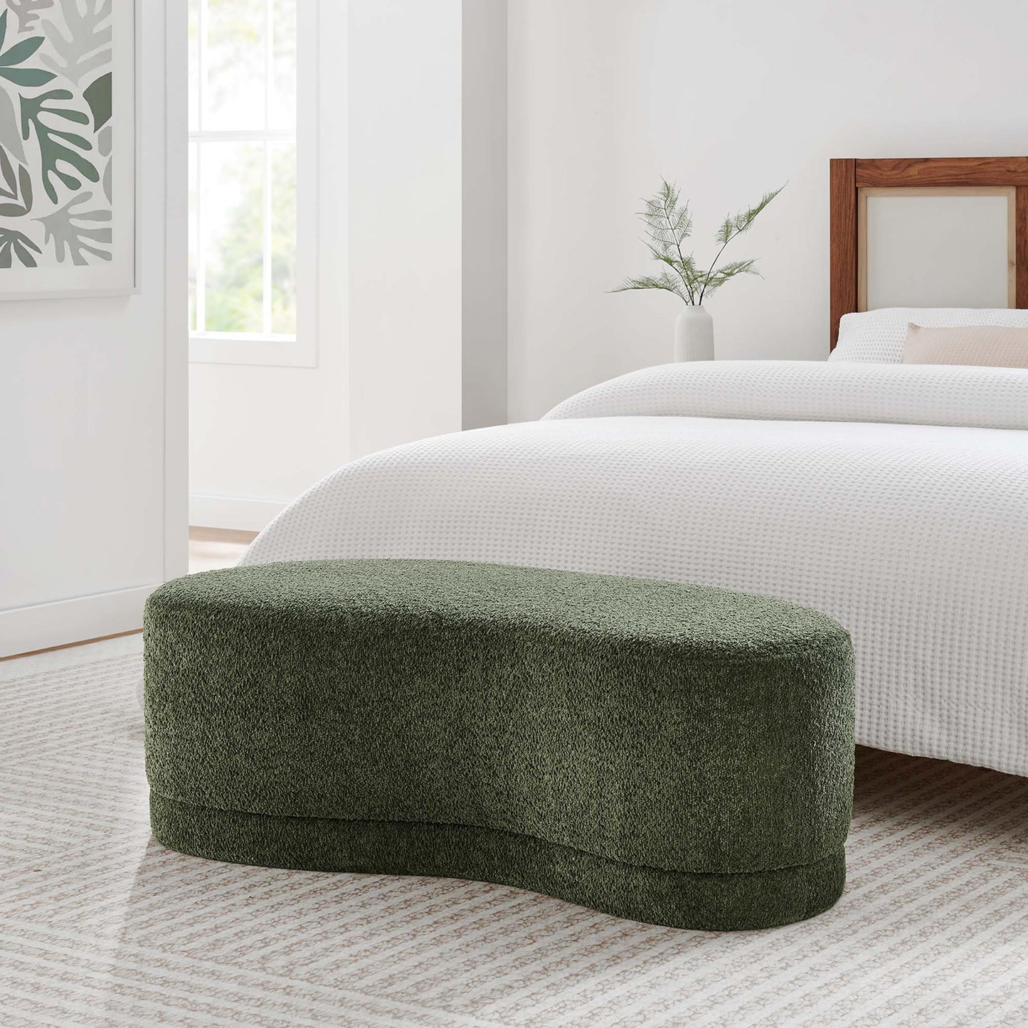 Modway Nimbus 48 Inch Curved Ottoman Bench in Sage - Soft Fabric Chenille Ottoman - Versatile Bedroom Bench - Bouclé Footstool - Upholstered Coffee Table - Bedroom and Living Room Furniture