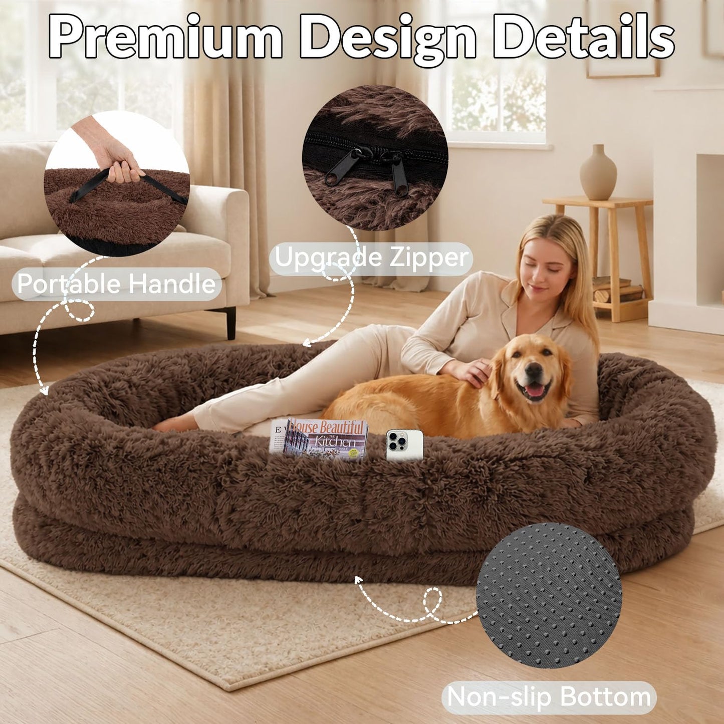 71"x44"x12.5" Human Dog Bed for Adult Faux Fur Washable Human Dog Bed Portable Handle, Egg Orthopedic Foam Human Bed Extra Large Brown