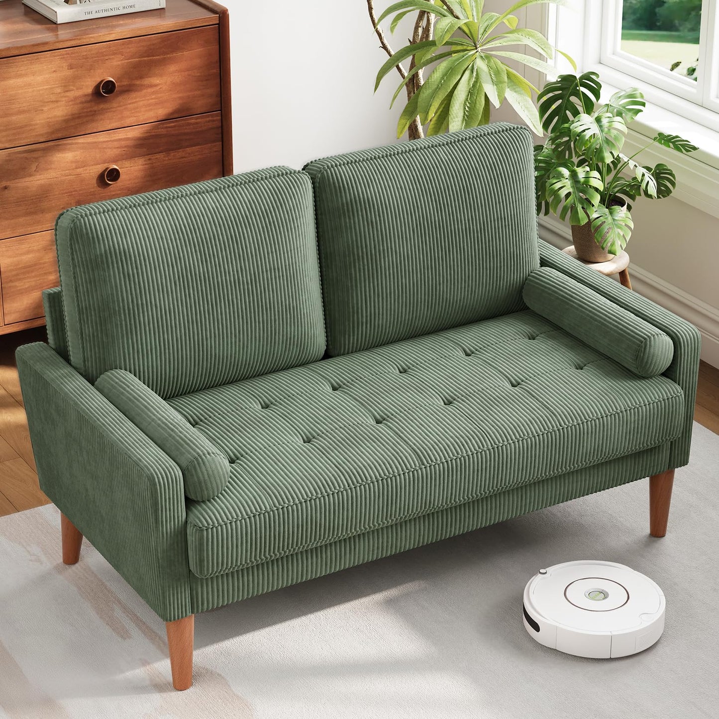 Vesgantti Loveseat Sofa with Solid Wood Legs,48" Small Corduroy Couches for Small Spaces, Mid Century Modern Love Seat for Living Room, Bedroom, Easy Assembly with Throw Pillow, Green