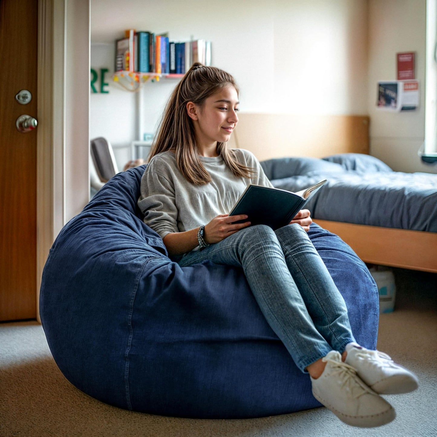 Flash Furniture Duncan Oversized Bean Bag Chair for Kids and Adults, Foam-Filled Beanbag Chair with Machine Washable Cover, Denim
